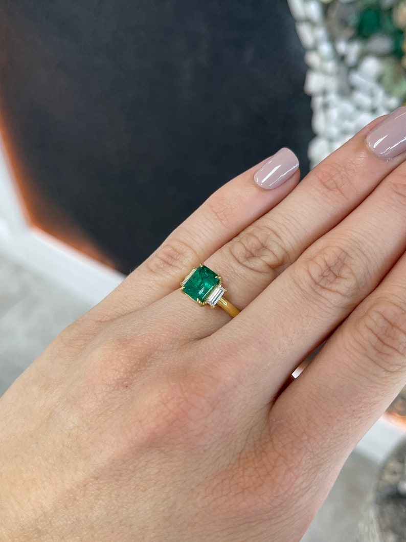 2.52tcw 18K Gold Natural Emerald Cut Diamond Baguette Three Stone Ring - Fine Quality Dark Green Gemstone Jewelry for Engagement, Anniversary & Special Occasions