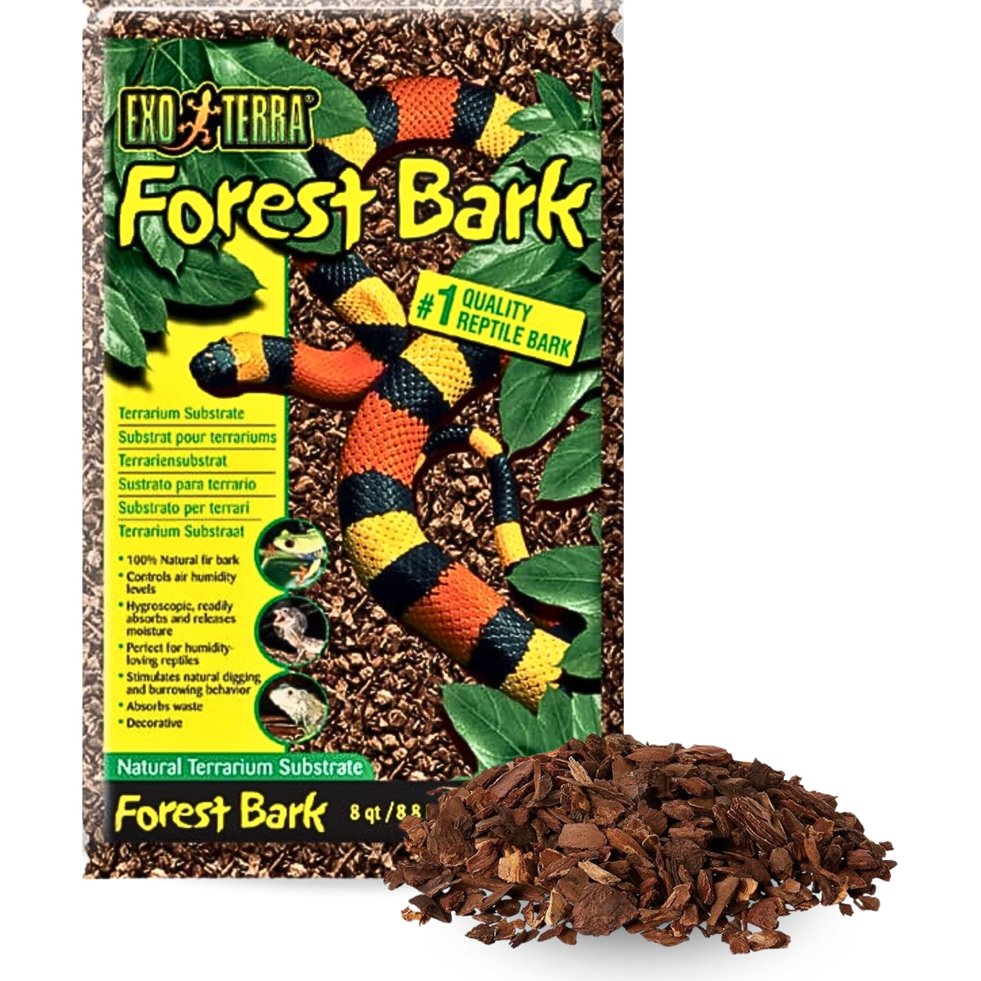 Exo Terra Forest Bark Natural Terrarium Substrate - 8 Quarts (PT2752) | 100% Natural Fir Bark for Reptiles & Amphibians | Moisture Retention & Humidity Control | Ideal for Tropical Reptiles, Frogs & Vivariums | Encourages Natural Digging Behavior - Perfect for Bioactive Terrariums & Reptile Habitats