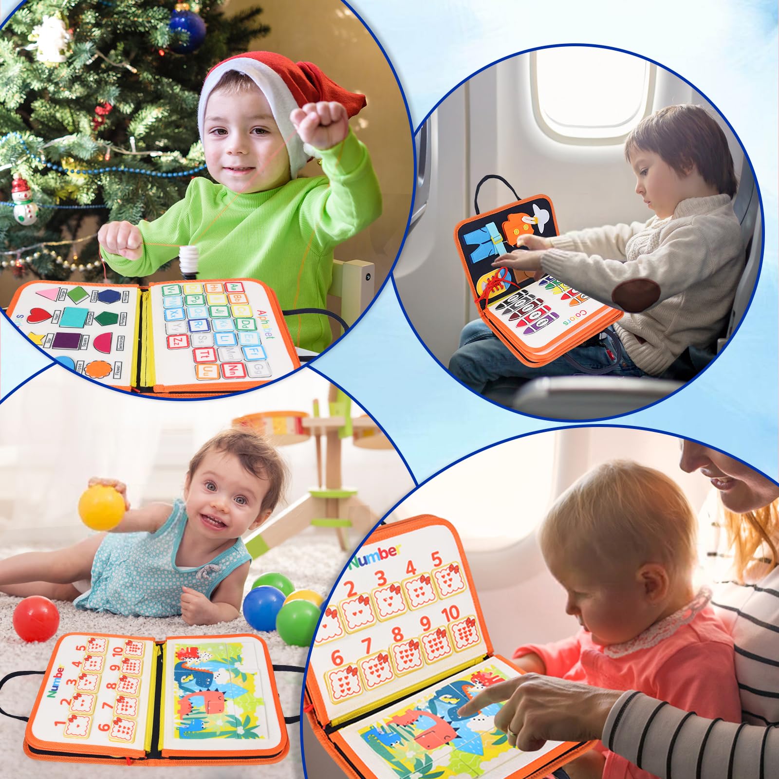 TUNJILOOL 8-in-1 Montessori Busy Board for Toddlers - Sensory Activity Board & Quiet Book, Educational Learning Toy for Boys & Girls Age 3+ (Blue) - Travel-Friendly Baby Sensory Toy for Airplane, Car Rides & Home Play