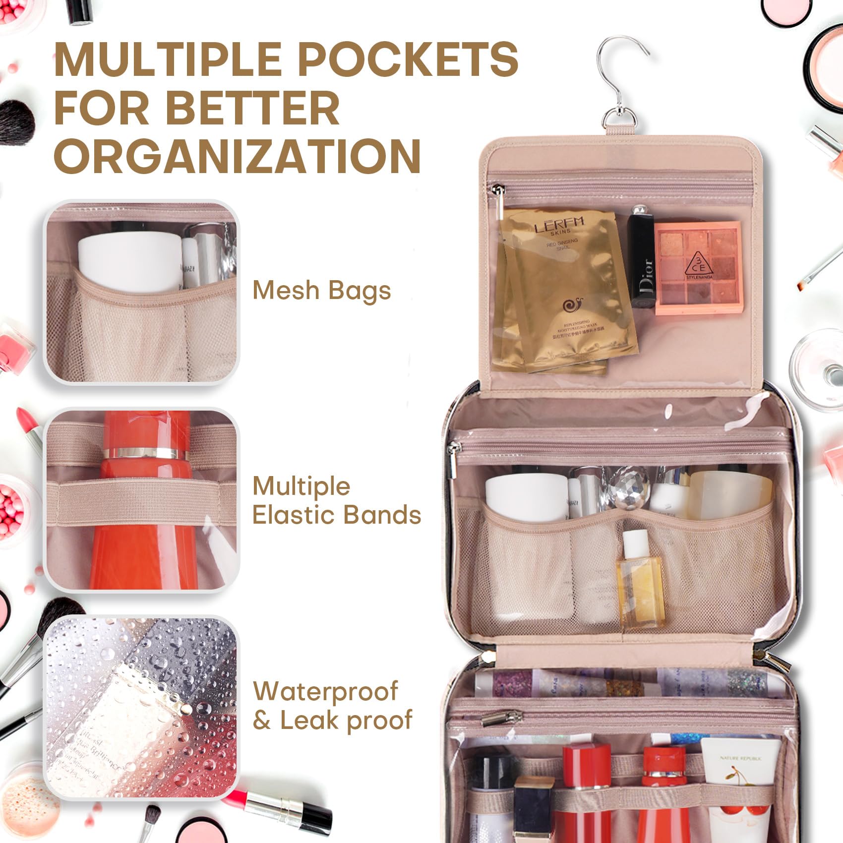 Hanging Travel Toiletry Bag for Full-Size Toiletries & Cosmetics - Medium Beige Organizer with Hook for Brushes, Makeup & Essentials | Perfect for Air Travel, Camping & Gym