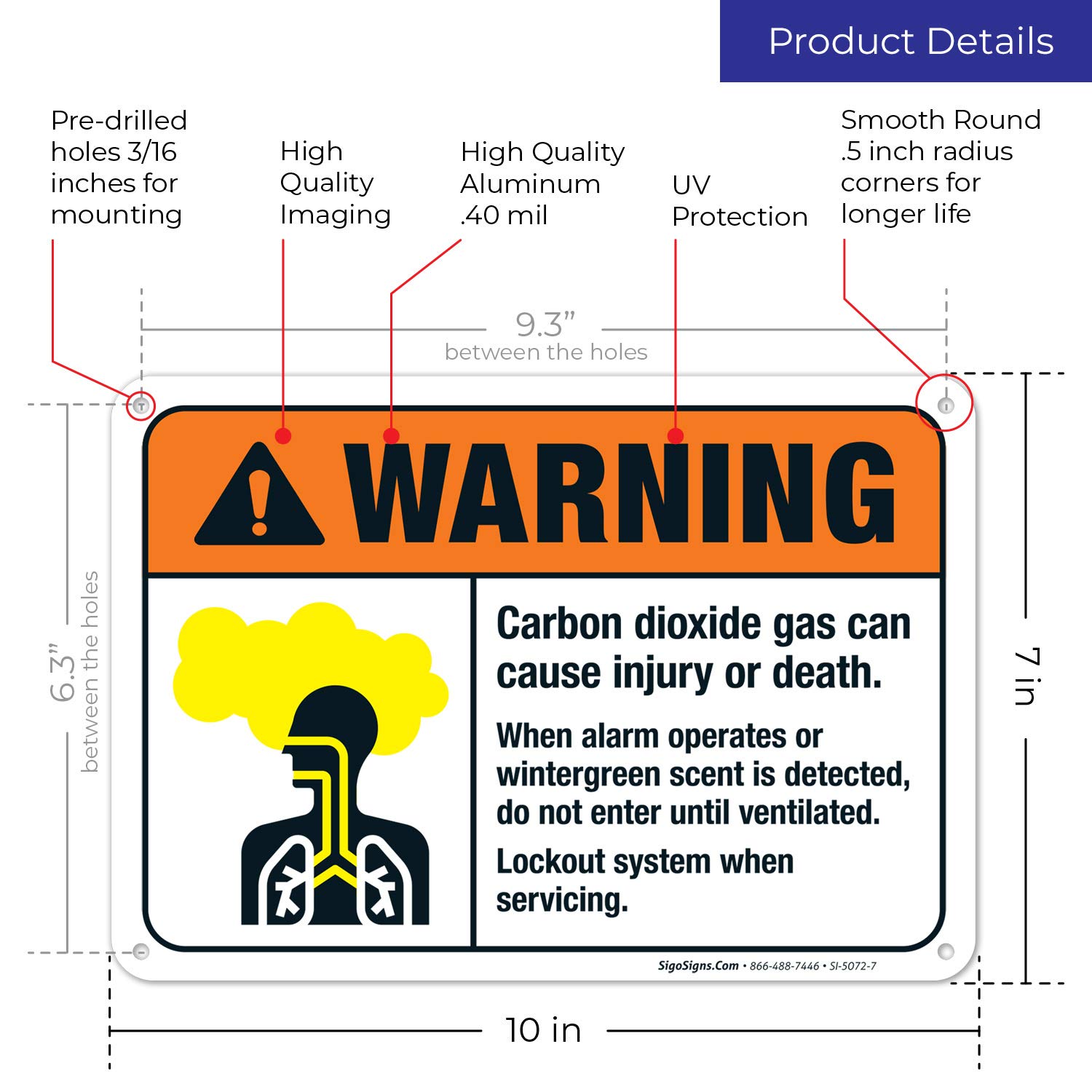 ANSI Warning Sign - Carbon Dioxide Gas Hazard May Cause Injury or Death | 10x7 Inch Rustproof Aluminum Sign | Fade-Resistant for Indoor & Outdoor Use | Made in USA | Ideal for Industrial Facilities, Laboratories & Confined Spaces