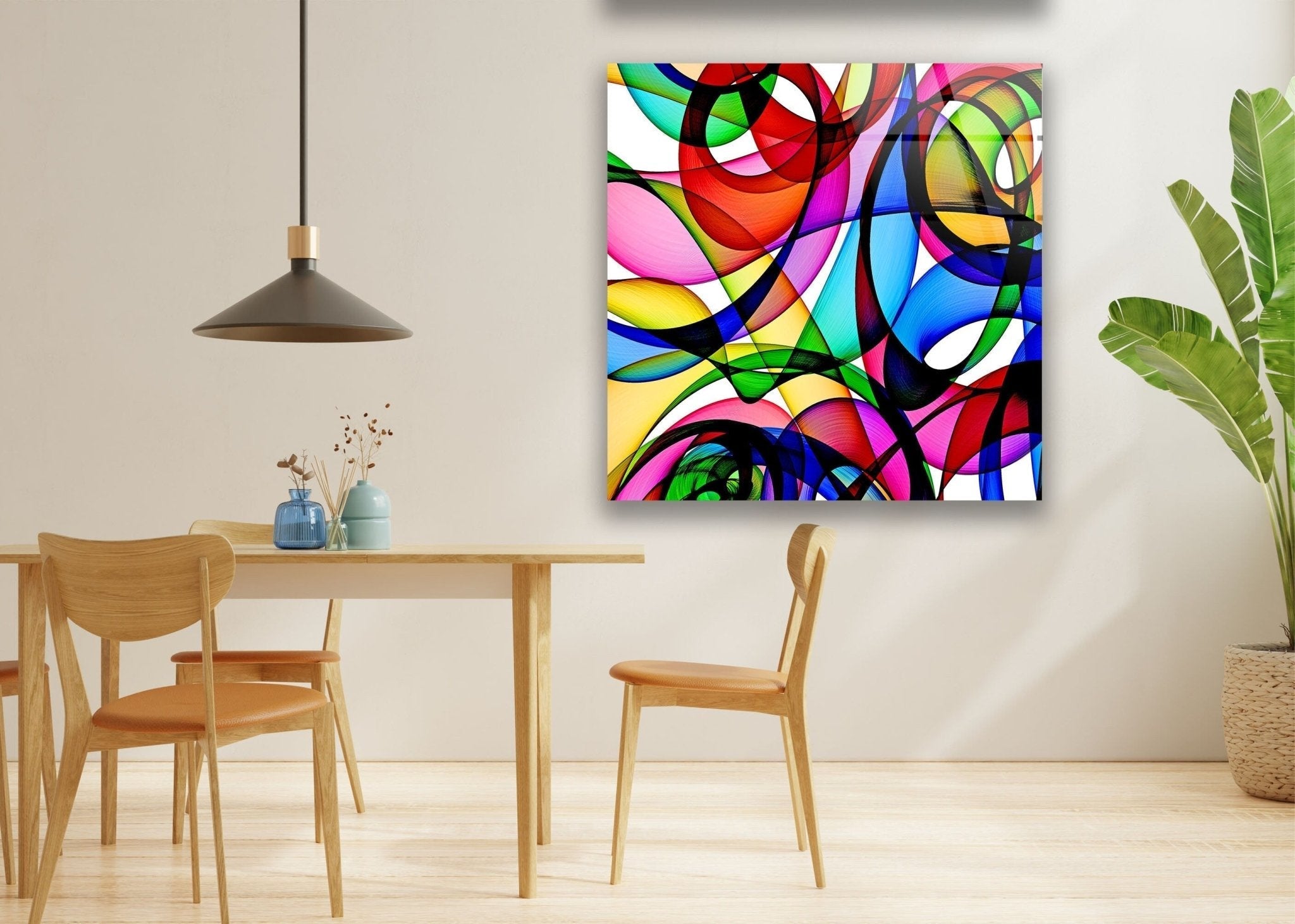 Abstract Circles Glass Wall Art - Modern Geometric Home Decor for Living Room, Bedroom & Office - Handmade Glass Wall Hangings for Stylish Interior Design