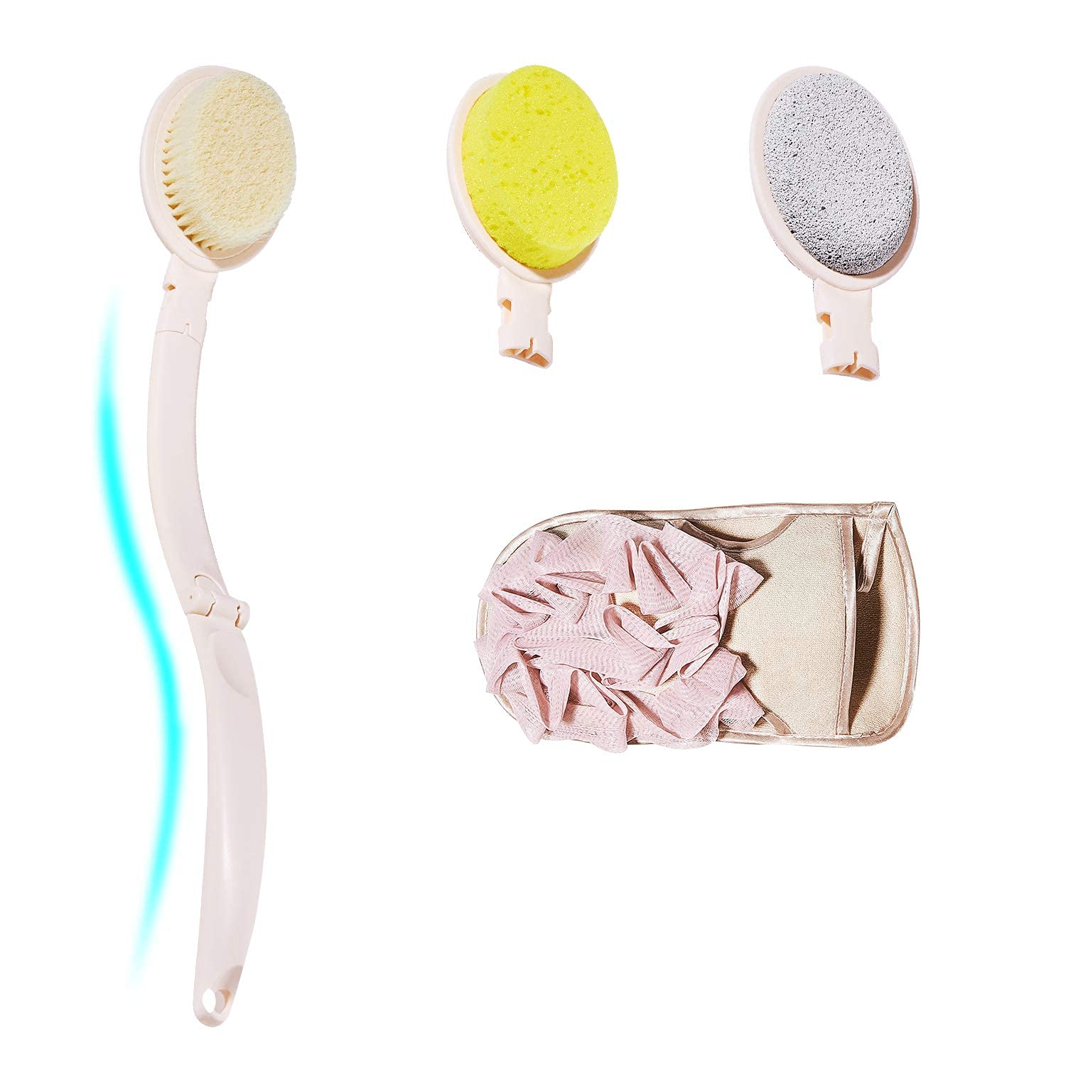 Maioule 3-in-1 Bath Body Brush Set with Long Anti-Mildew Handle, Double-Sided Bath Gloves, Exfoliating Sponge & Pumice Head - Perfect for Shower, Back Scrub, Dry Brushing & Skin Exfoliation