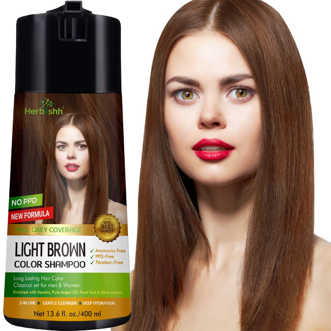 Herbishh Light Brown Hair Color Shampoo & Cream Set (400ml) - Natural Gray Coverage for Women & Men | At-Home Hair Coloring Solution for Salon-Quality Results