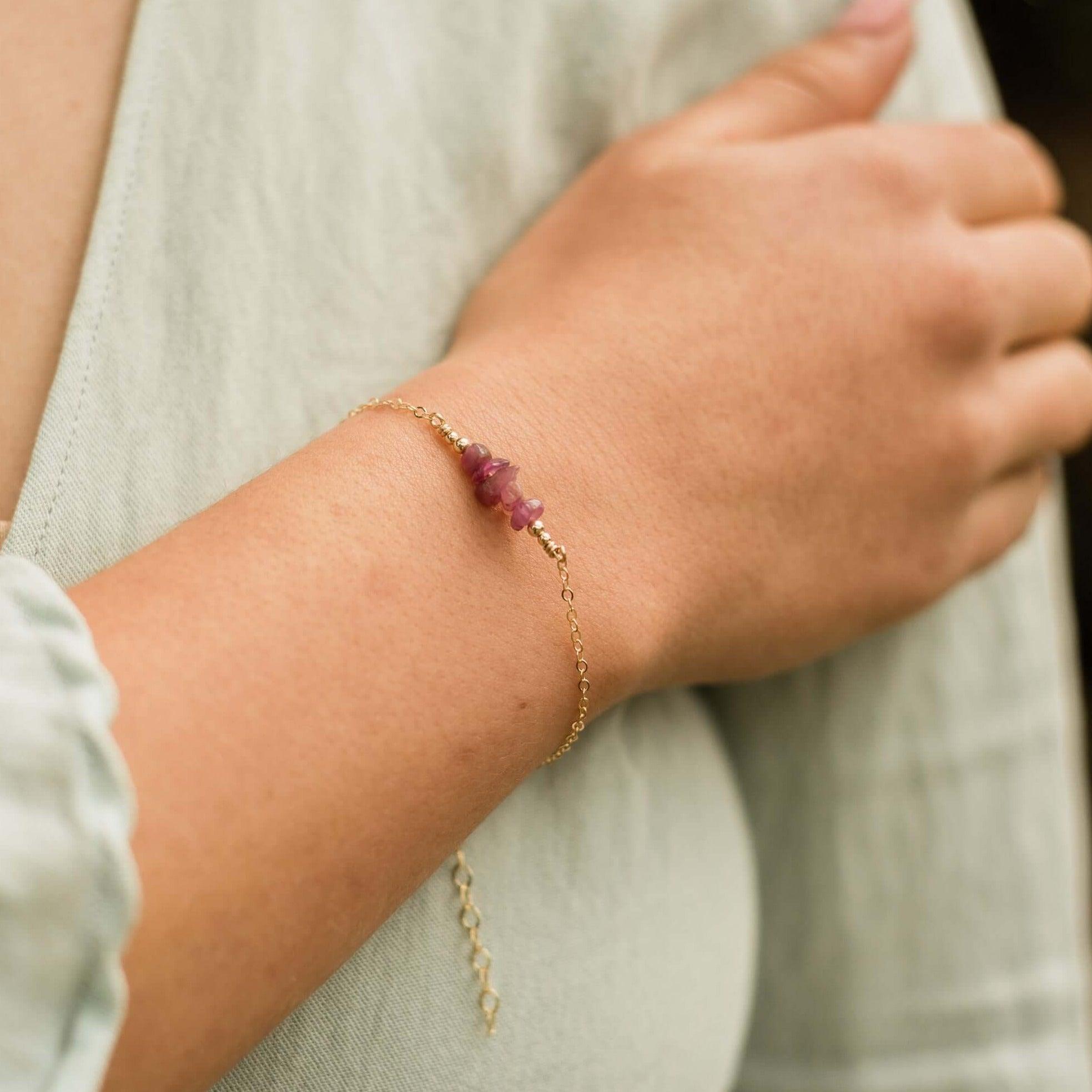 Ruby Chip Bead Bar Bracelet for Women - Genuine Stone Adjustable Bangle | Perfect for Casual Wear, Boho Fashion & Gift Giving
