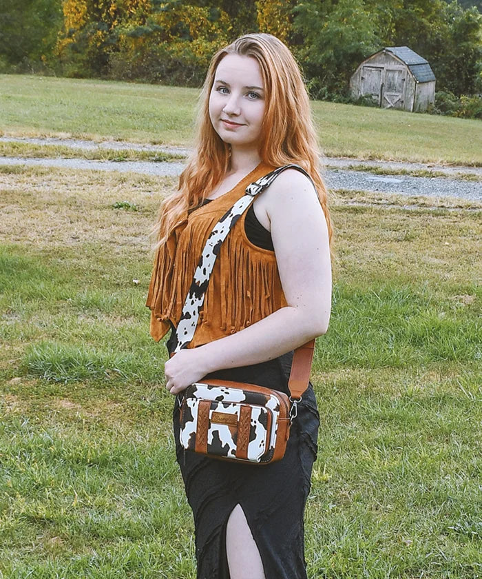 Wrangler Cow Print Crossbody Bag for Women - Stylish Western Cowhide Leather Purse with Adjustable Strap - Perfect for Casual Outings, Travel & Shopping
