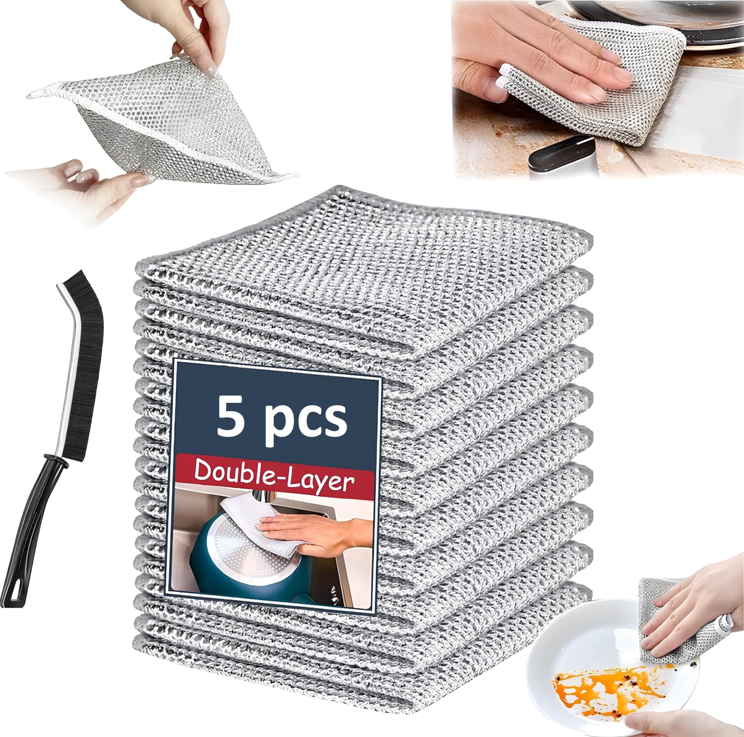 Feelon Non-Scratch Wire Dishcloth & Gap Cleaning Brush - Double-Layer Reusable Dishwashing Pads for Wet & Dry Cleaning - Easy Rinse Kitchen Scrubber for Sinks, Pots, Pans (5 Pack) - Perfect for Tough Grease, Stubborn Stains & Hard-to-Reach Areas