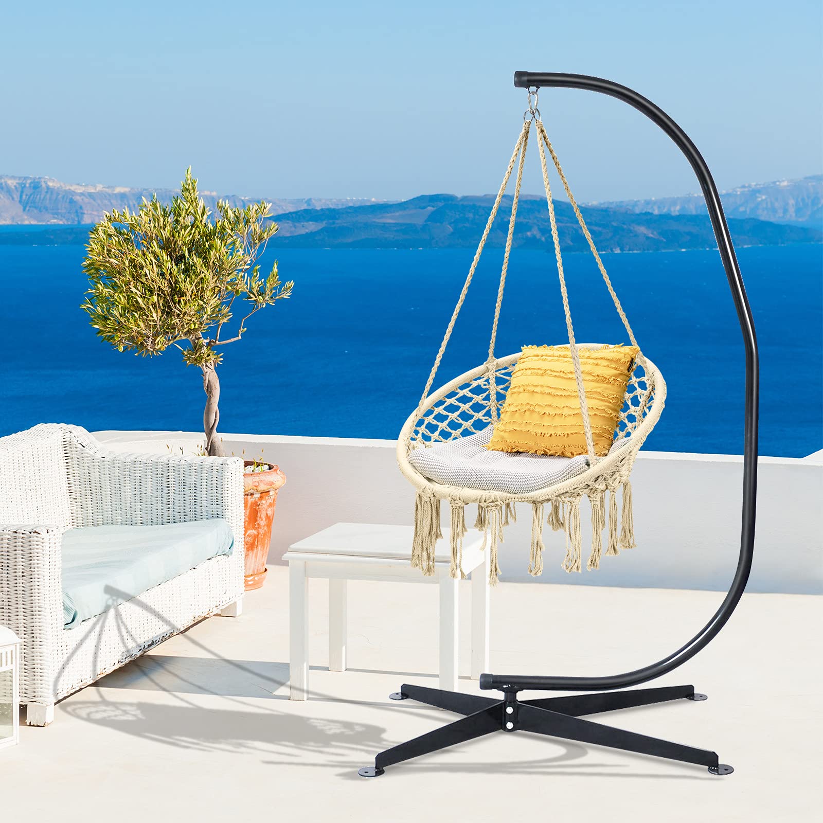 Giantex Heavy Duty Steel Hammock Chair with Stand - Macrame Hanging Swing Chair with Handwoven Tassels for Indoor & Outdoor Use (Beige) | Perfect for Patio, Garden, Balcony & Backyard Relaxation