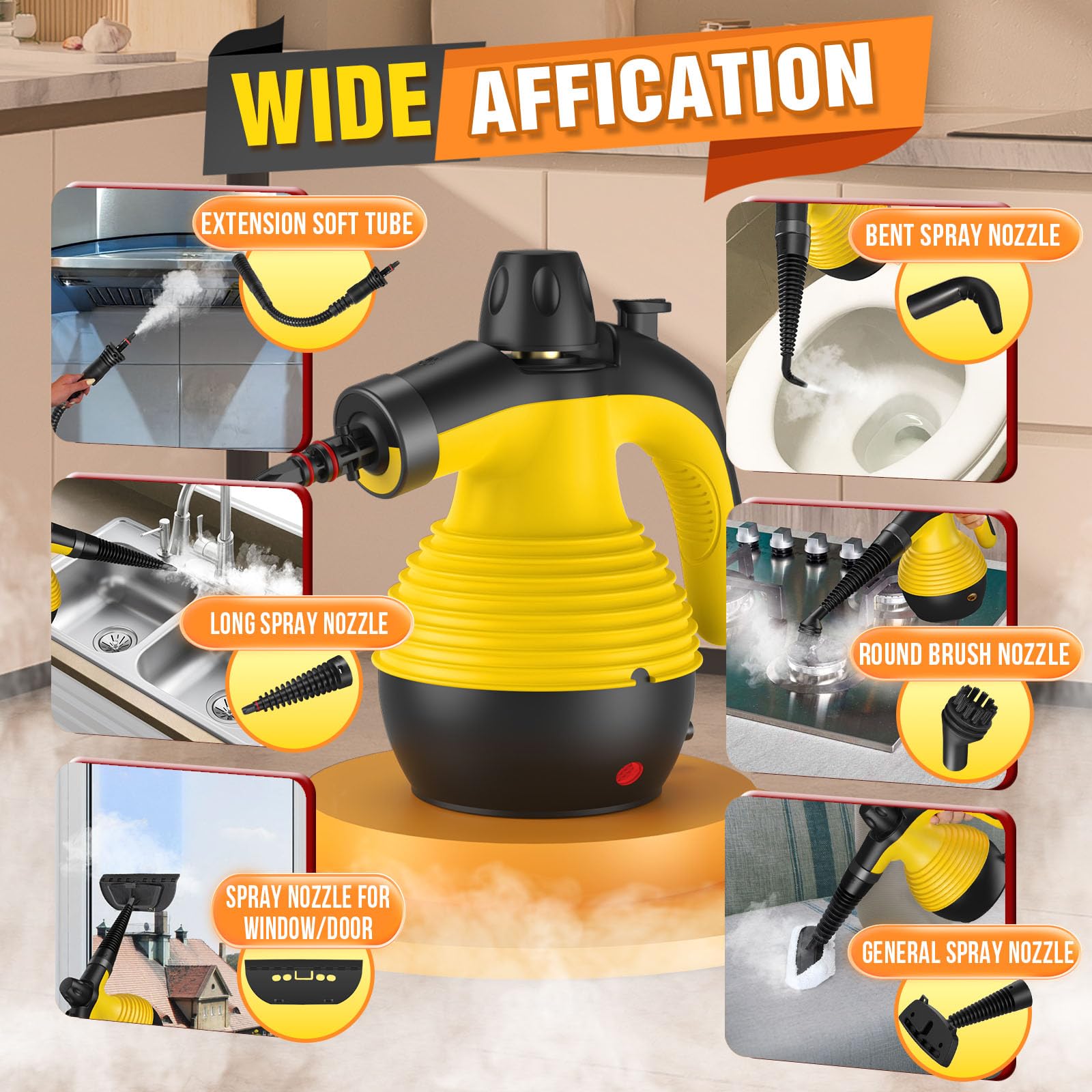 Handheld Pressurized Steam Cleaner with 9-Piece Accessories Kit - Multi-Surface Steamer with Safety Lock & 12.8oz Large Water Tank - Perfect for Upholstery, Grout, Floors, Cars & Home Cleaning - Ideal for Deep Cleaning Kitchens, Bathrooms, Garages & Auto Detailing