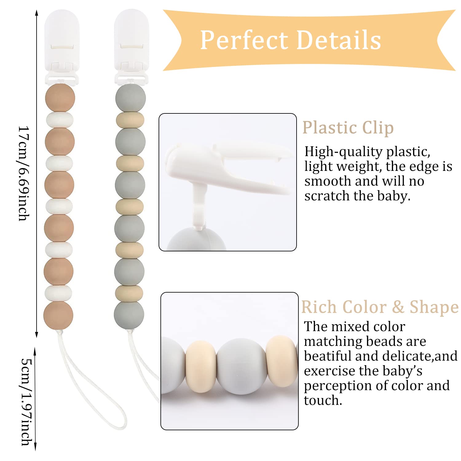 2PCS BPA-Free Silicone Pacifier Clips for Newborns - Baby Boy & Girl Soother Holder with Secure Fastening (Grey) | Ideal for Strollers, Car Seats & On-the-Go Parenting