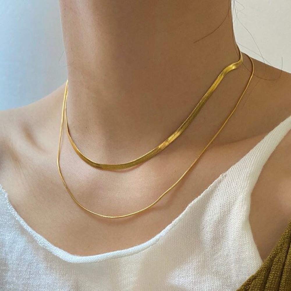 14K Gold Plated Women's Layered Necklace Set - Dainty Coin Pendant, Herringbone & Snake Chain Choker - Elegant Jewelry Gift for Her | Perfect for Date Nights, Office Wear & Special Occasions