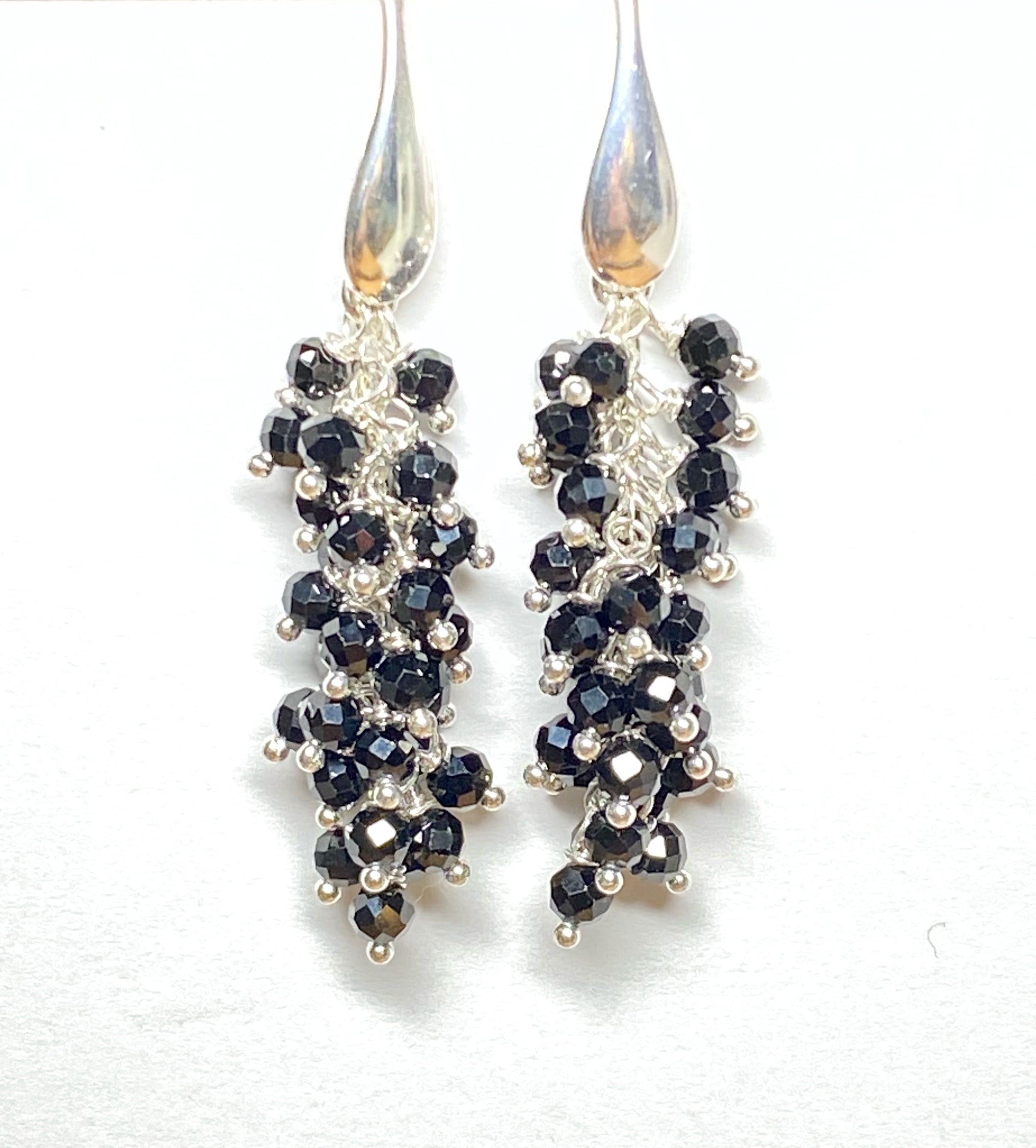 Black Cluster Earrings Sterling Silver - Mystic Black Spinel Dangle Earrings for Women | Elegant Gothic Jewelry for Evening Parties & Special Occasions