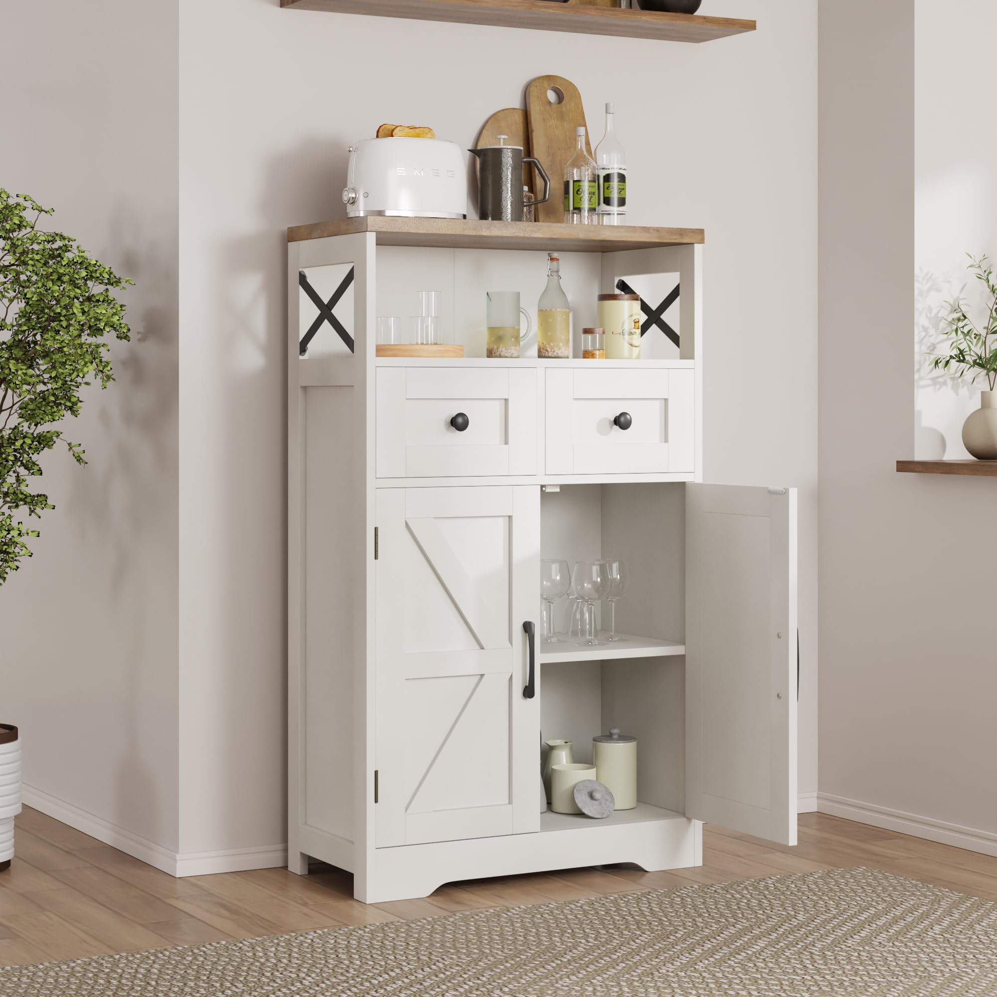 Farmhouse White Storage Cabinet with Doors & Drawers - Freestanding Kitchen Pantry Cabinet, Floor Storage Hutch Cupboard for Kitchen, Laundry, Living Room & Bedroom Organization