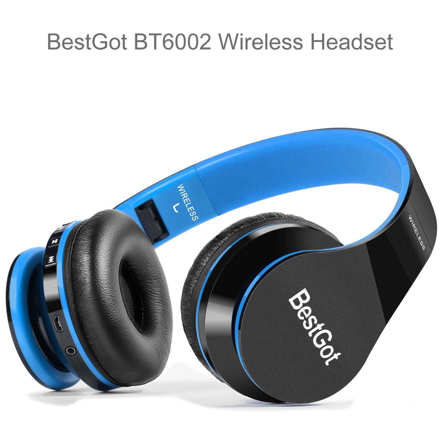 BestGot BT6002 Kids Bluetooth Headphones - Wireless Foldable Headset for Boys & Girls, Compatible with iPhone, Android, iPad, PC, Laptop, Tablet - Perfect for Online Classes, Gaming, Travel & Home Use (Black/Blue)