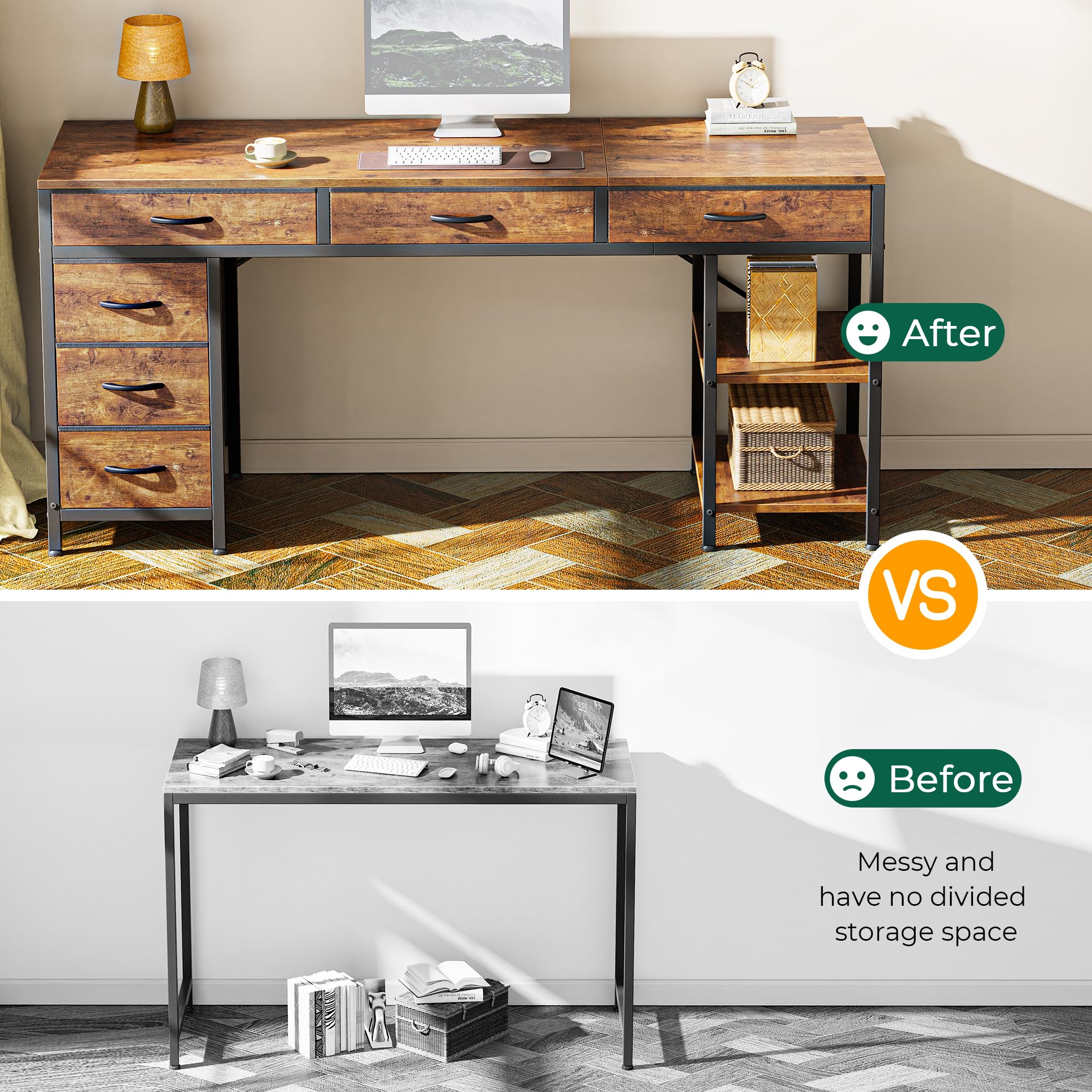 Huuger 63 Inch Computer Desk with 6 Drawers & Shelves, Reversible Gaming Desk with Storage, Rustic Brown Office Desk for Home Office, Study, Living Room - Perfect for Work, Gaming & Small Space Organization