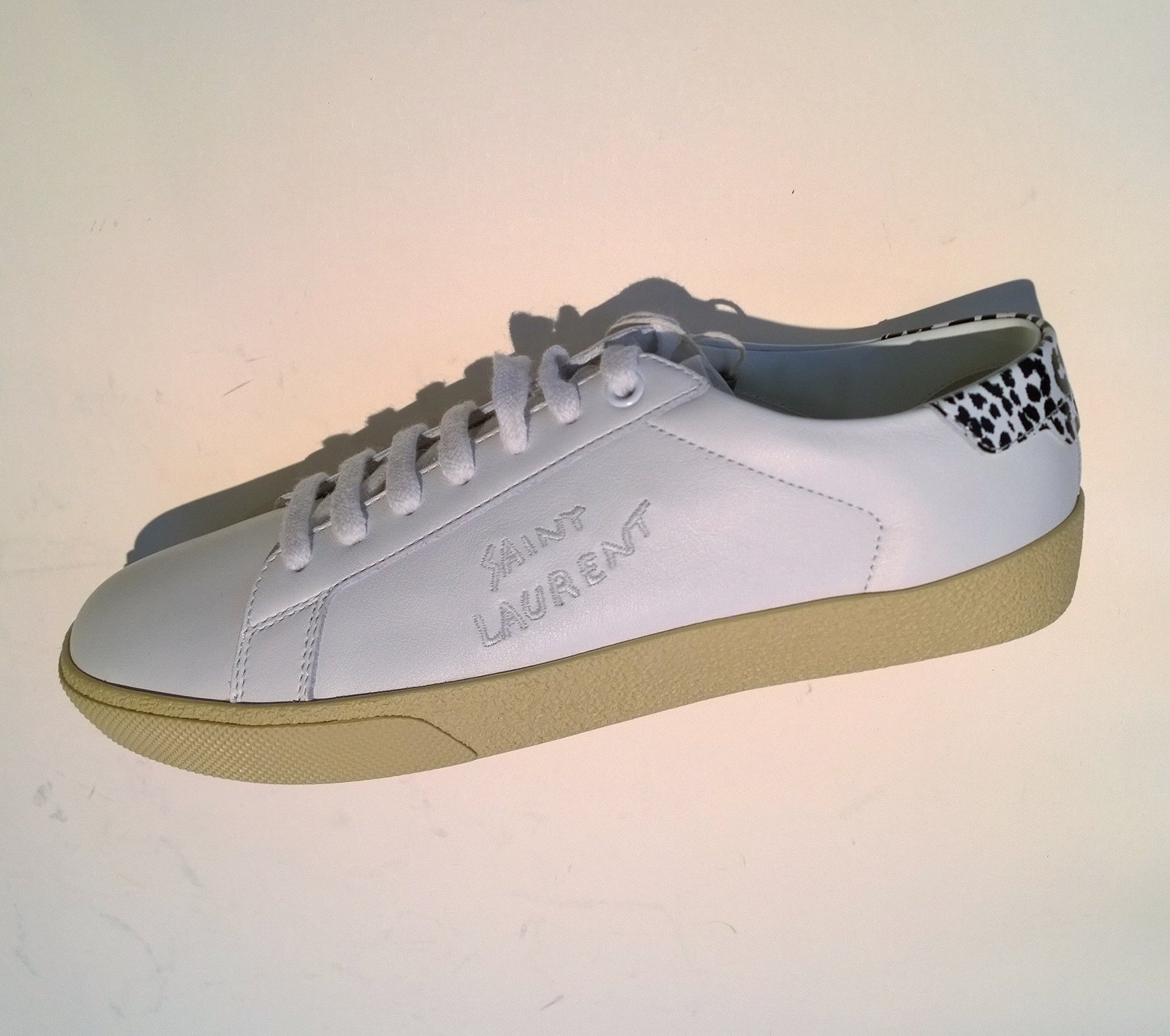 Saint Laurent Court Classic White Leather Sneakers with Snow Leopard Print - Women's Fashion Sneakers for Casual Wear & Street Style Outfits
