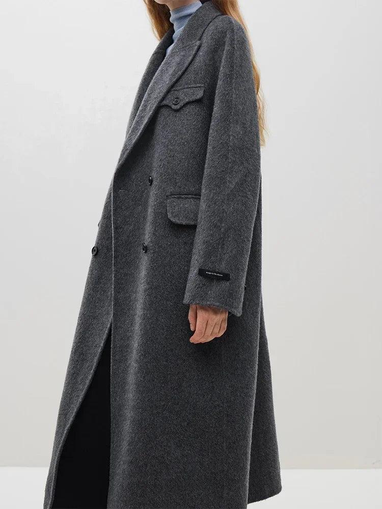 Women's Winter Double Sided 100% Wool Long Coat - Commuter Style Solid Color Warm Trench Coat for Office, Travel & Cold Weather
