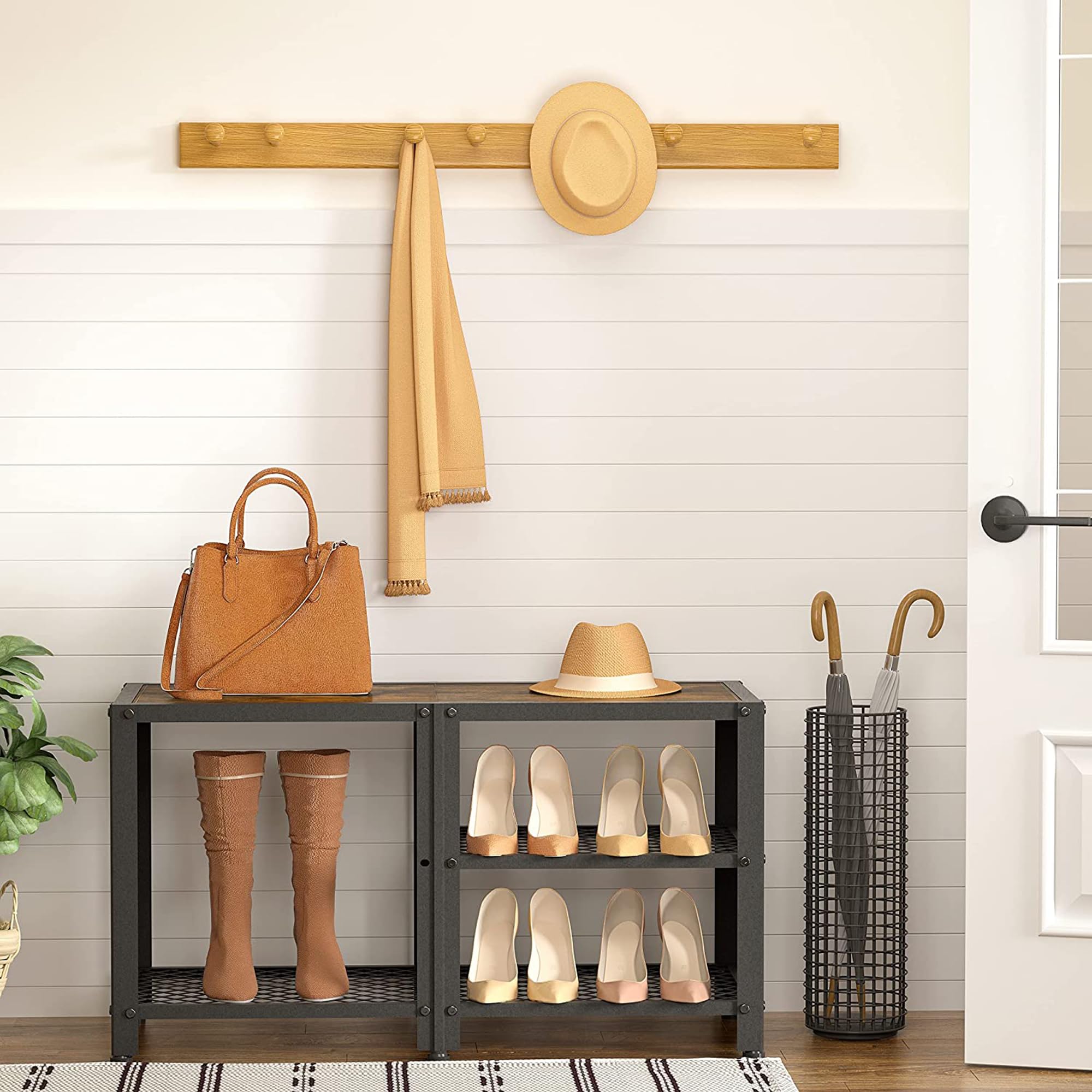 Hoctieon 3-Tier Wooden Shoe Bench with Mesh Shelves - 29