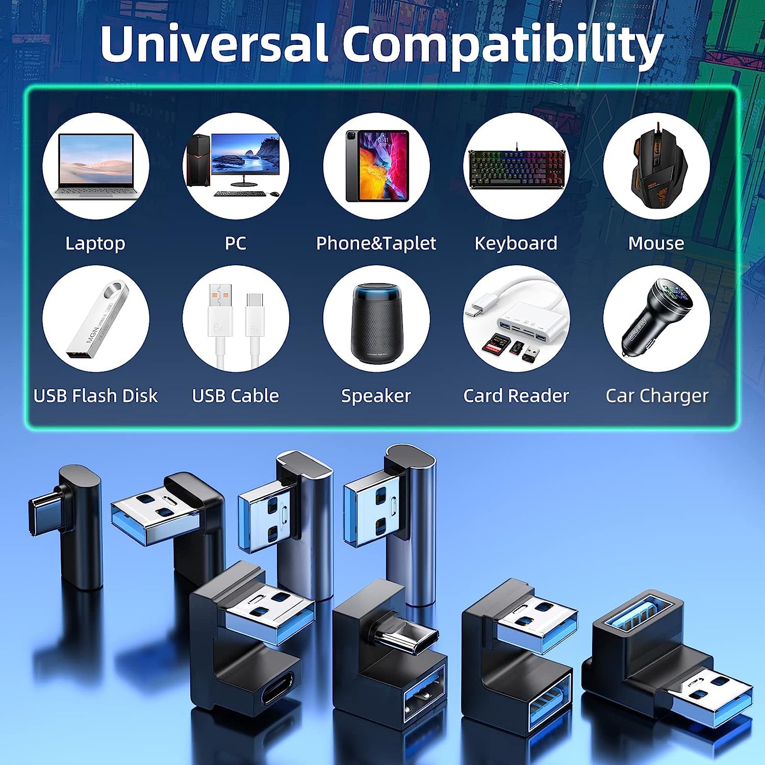 DuHeSin 8 Pack 90 Degree USB Adapter Set - 4x USB-A to USB-C, 3x USB-A to USB-A & 1x USB-C to USB-C Male to Female Converters - Compatible with Laptop, PC, Car Charger, Power Bank - Perfect for Office, Travel & Home Charging Stations