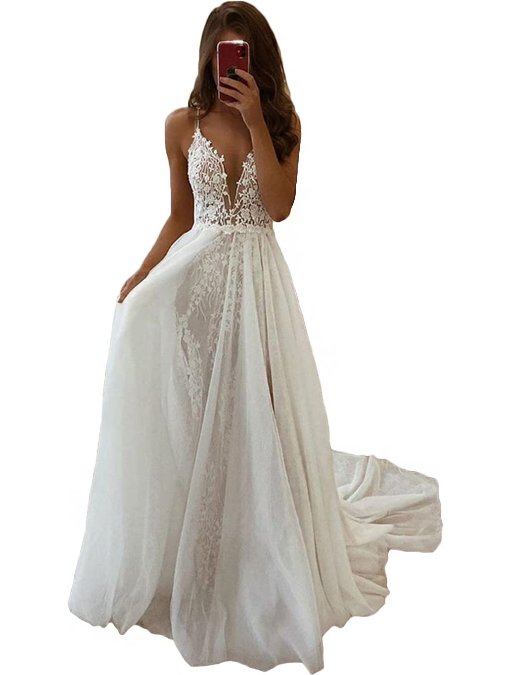 Elegant Tsbridal Women's A-Line V-Neck Tulle Lace Backless Boho Wedding Dress | Romantic Beach & Garden Ceremony Gown