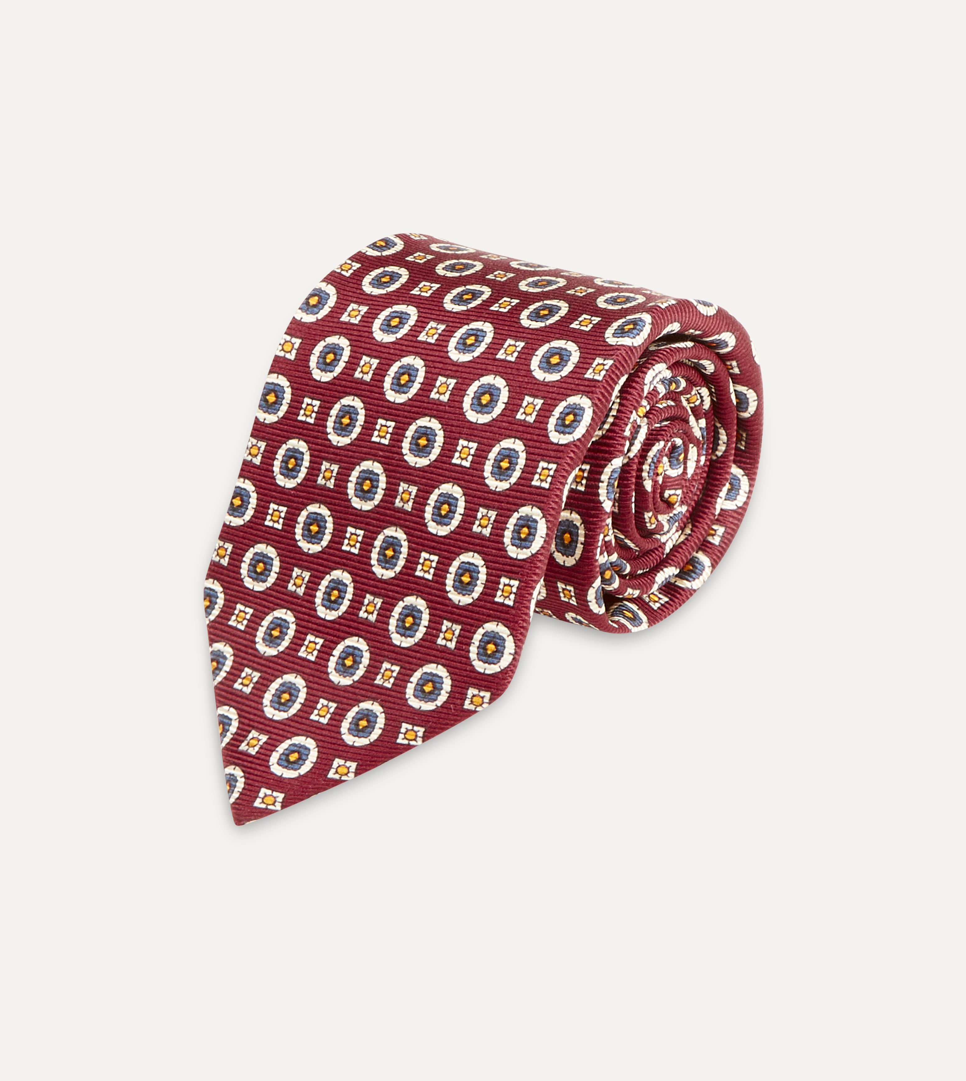 Elegant Red and Blue Geometric Medallion Print Silk Foulard Tie for Men | Premium Necktie for Business, Weddings & Formal Occasions