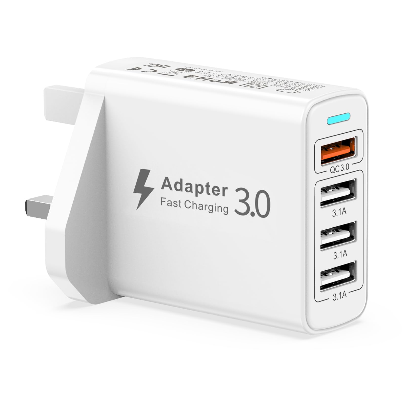 4-Port UK Multi USB Wall Charger with Quick Charge 3.0 - Fast Charging Power Adapter for iPhone 14/13/12/11/X/8/7, iPad, Samsung Galaxy S23/S22/S21, Huawei - Perfect for Home, Office & Travel Charging Multiple Devices Simultaneously
