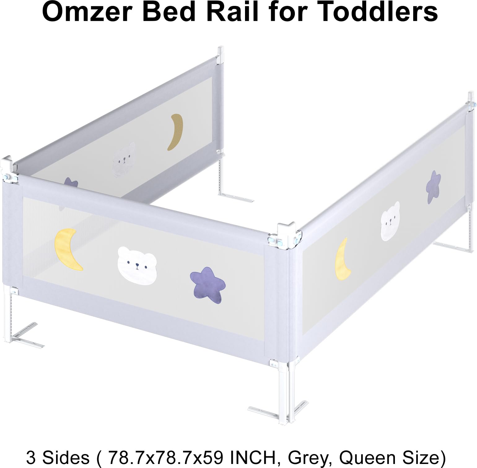 OMZER 3-Pack Toddler Bed Rails with Double Child Lock - Adjustable Height Safety Guardrail for Queen Size Beds (78.7x78.7x59