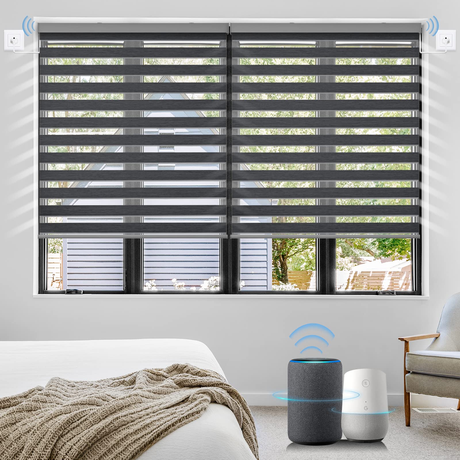 Graywind Motorized Zebra Blinds - Smart WiFi & Hardwired Horizontal Shades Compatible with Alexa & Google Assistant, Remote Controlled Light Filtering Electric Window Shades with Valance, Custom Size (Wool-Like Charcoal) - Perfect for Living Room, Bedroom & Home Office