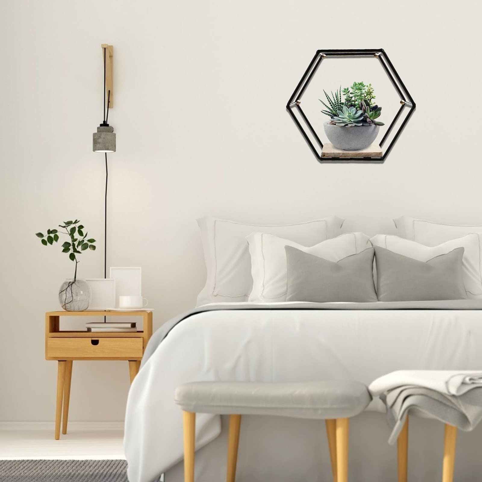Hexagon Floating Shelf - Metal Frame Wall Mount Display Shelf for Storage & Organization | Rustic Geometric Shelf for Books, Plants, Sundries | Perfect for Living Room, Bedroom, Bathroom Decor