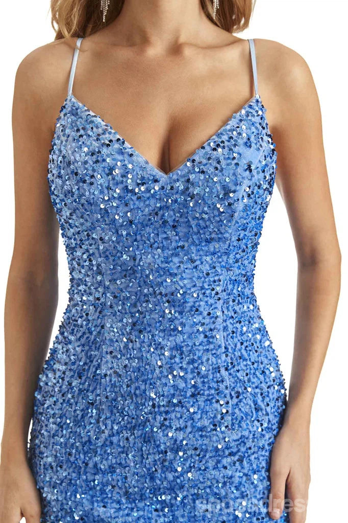 Elegant Blue Mermaid Prom Dress with Spaghetti Straps & High Slit - Affordable Long Formal Gown for Homecoming, Evening Party & Special Occasions