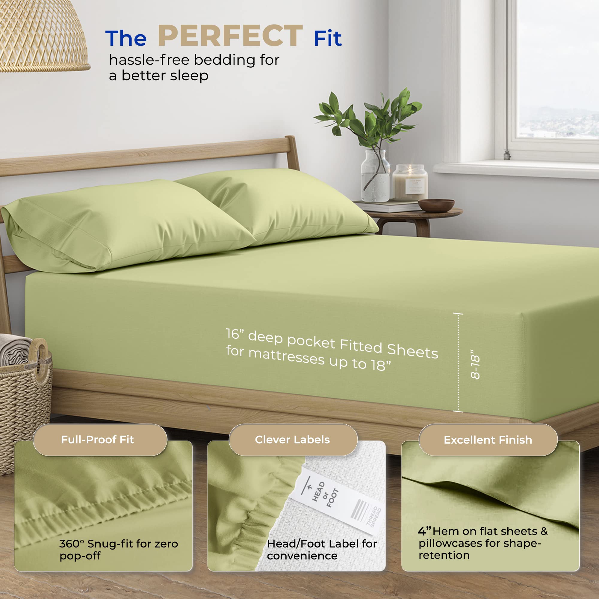 Luxury 400 Thread Count 100% Cotton Queen Sheet Set - 4 PC Sateen Weave Cooling Bed Sheets for Queen Size Bed, Ultra Soft & Breathable, Deep Pocket Sage Green Sheets - Perfect for Hot Sleepers & All-Season Comfort