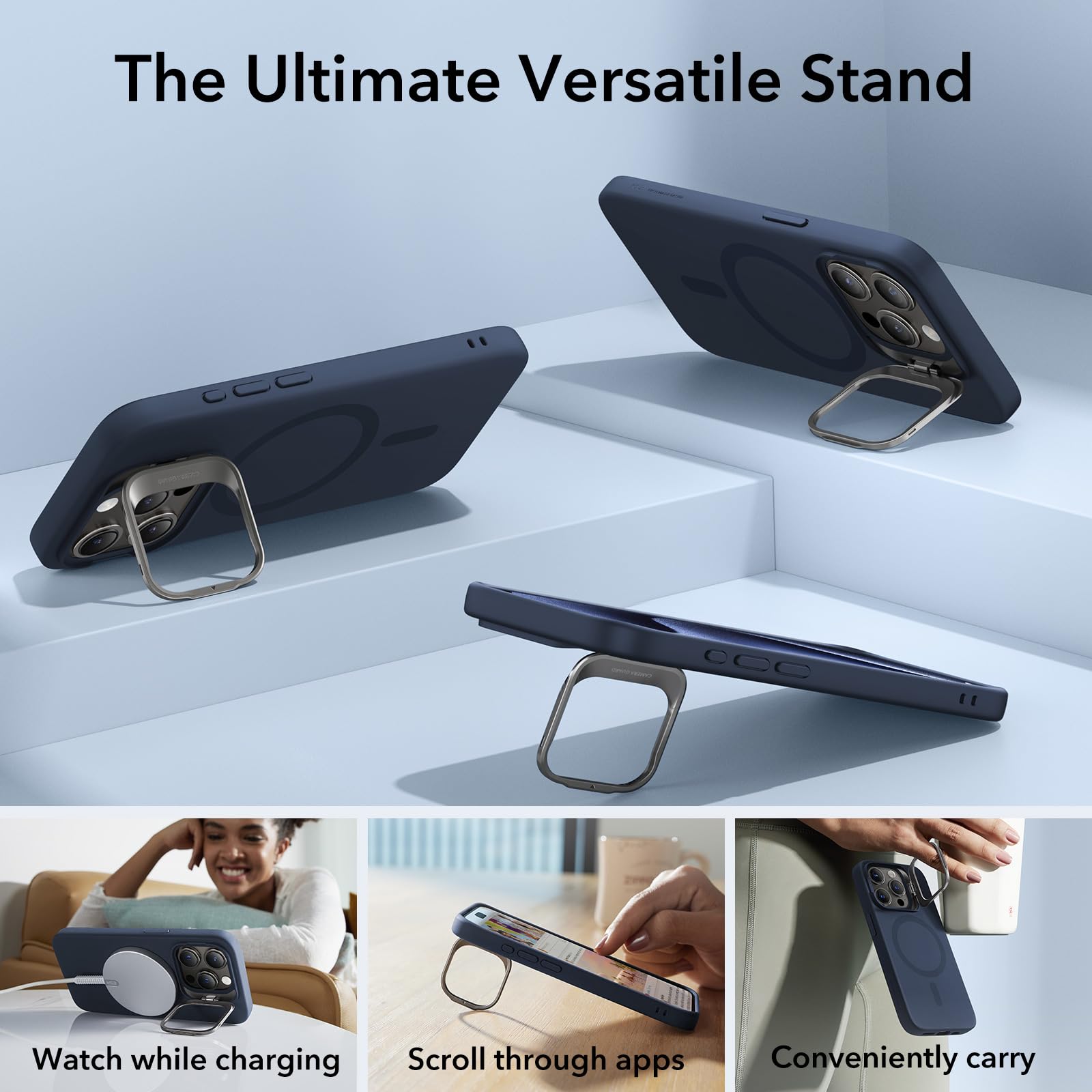 ESR MagSafe Silicone Case for iPhone 15 Pro - Military-Grade Protection with Built-in Stand & Camera Stash | Magnetic Phone Cover (Dark Blue, Cloud Series) - Perfect for Work, Travel & Daily Protection