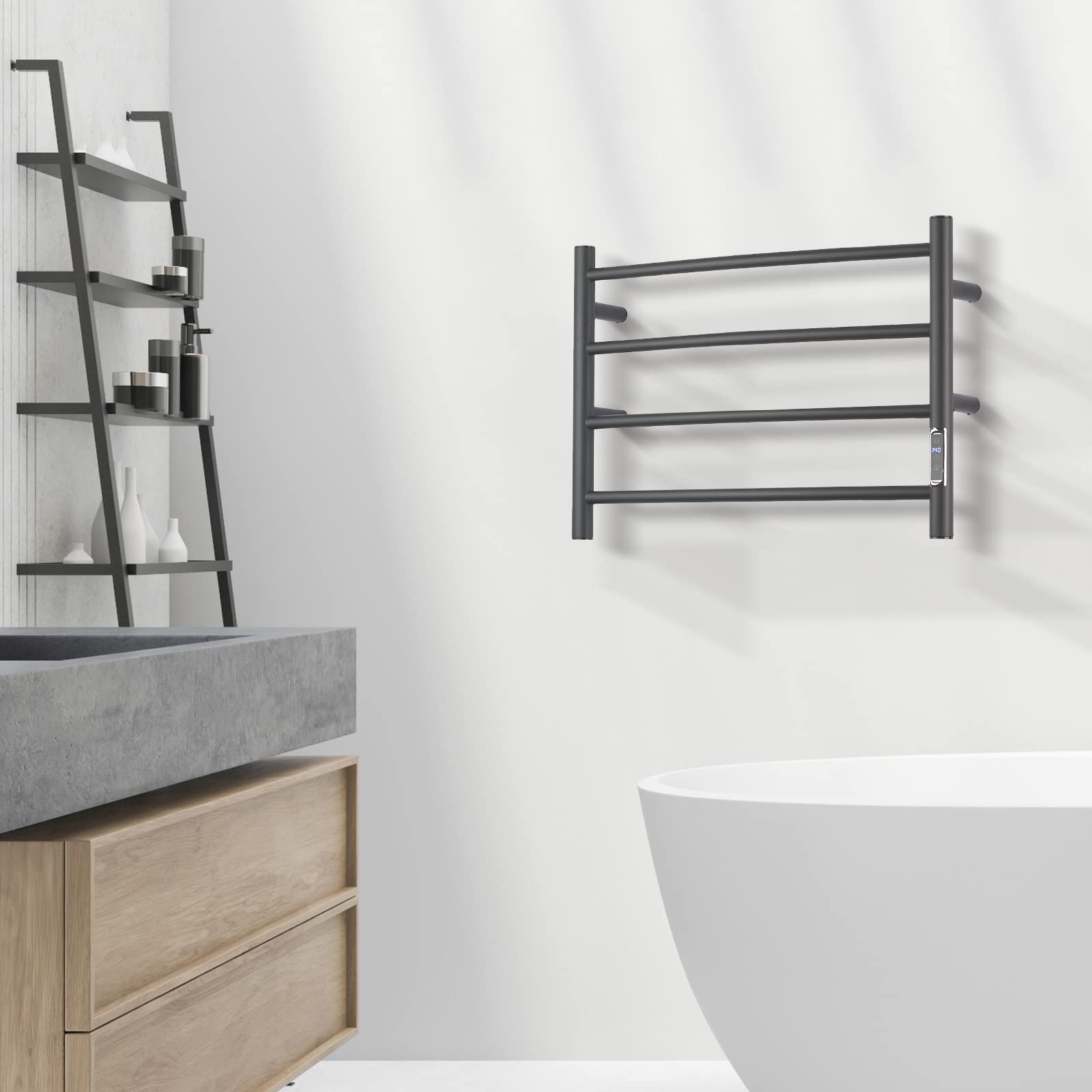 ETW29 Electric Towel Warmer with Built-in Timer - Wall Mounted Bathroom Heated Towel Rack, Plug-in Black - Perfect for Spa, Luxury Bathrooms & Cold Weather Comfort