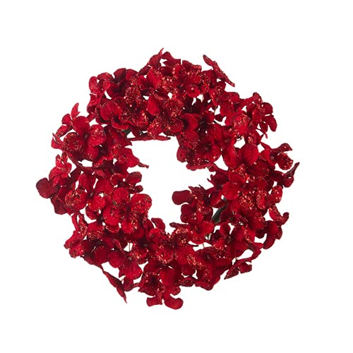 7 Inch Red Glittered Floral Candle Ring for Christmas Decorations - Holiday Table Centerpiece, Wedding Decor, Fireplace Mantel, and Home Party Accents