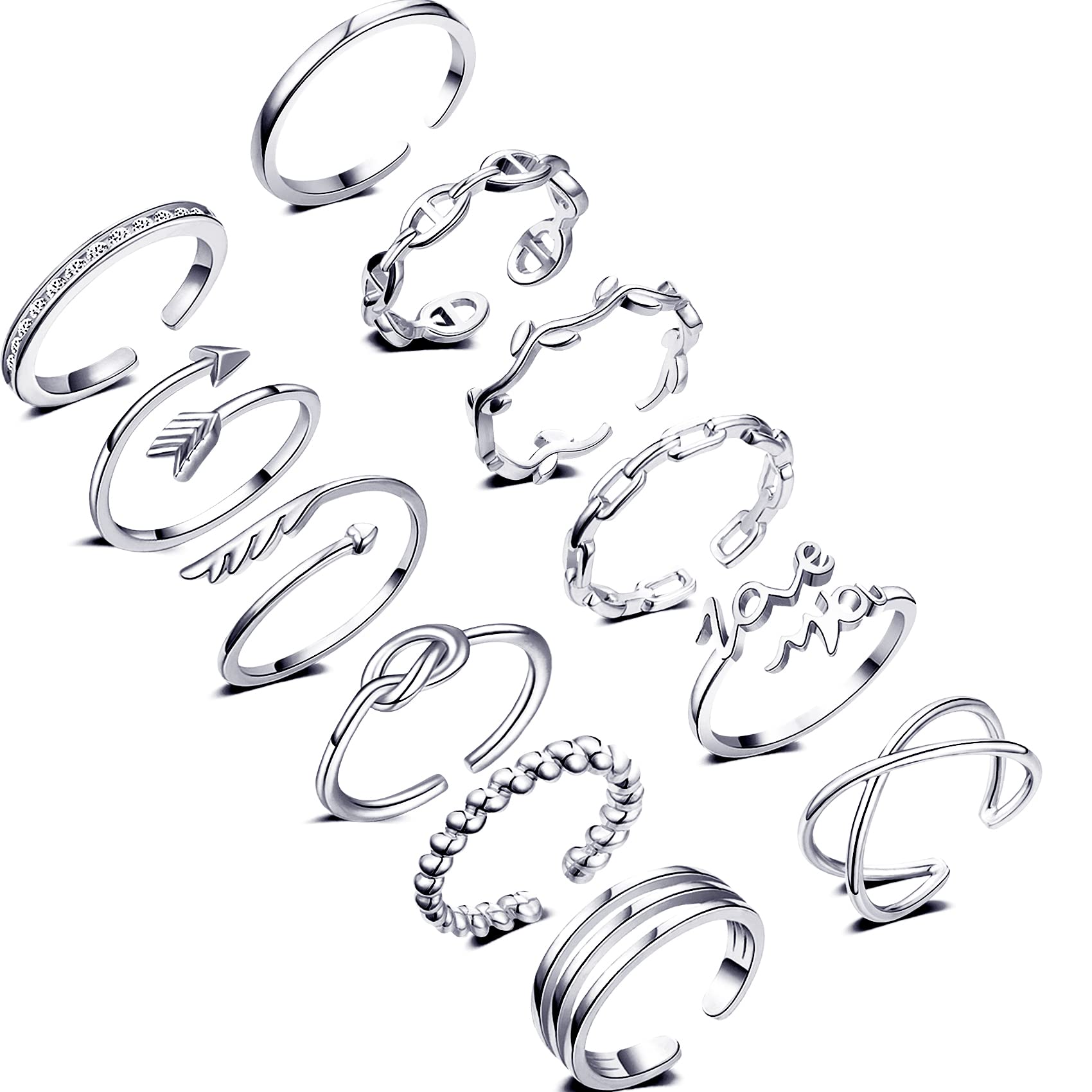 Honsny 12PCS Adjustable Rings for Women - Silver Arrow Knot Wave Star Moon Open Stackable Rings Set for Teens | Trendy Finger Jewelry for Daily Wear, Parties & Gifts