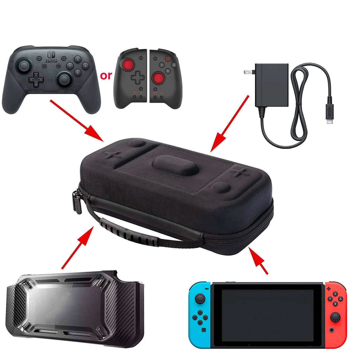 ButterFox Extra Large Nintendo Switch OLED Case - Compatible with Pro Controller & Hori Split Pad Pro, Includes Wall Charger & 8 Game Card Slots (Black) - Perfect for Travel, Gaming Parties & On-the-Go Protection