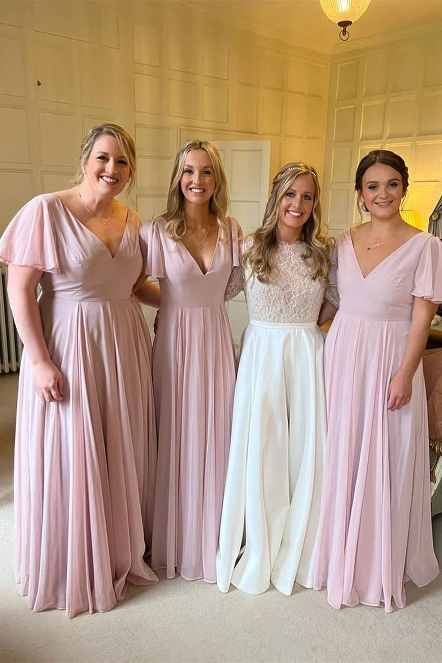 Elegant Chiffon Long Pink Bridesmaid Dress - A-Line V-Neck Formal Gown for Weddings, Parties & Special Occasions | Perfect for Bridal Showers, Evening Events & Photo Shoots