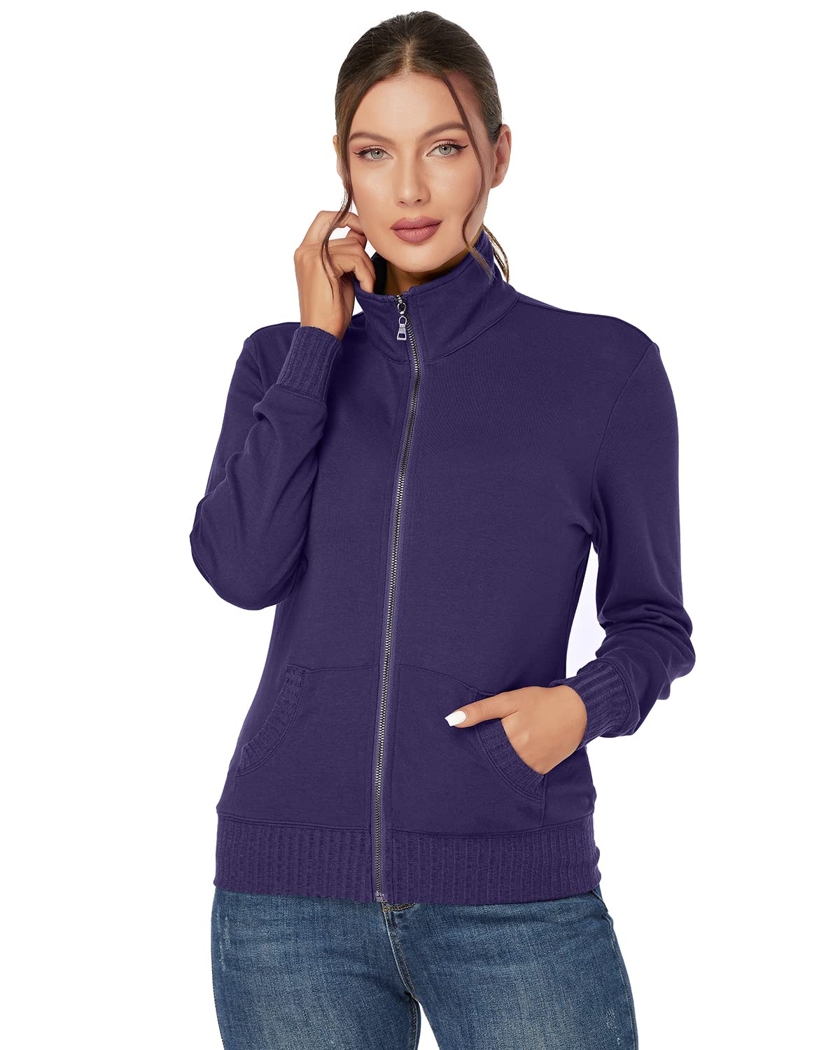 J.Corrine Women's Stand Collar Zip Up Sweatshirt Jacket - Long Sleeve Running Track Hoodie with Pockets for Outdoor Sports & Casual Wear - Navy Blue