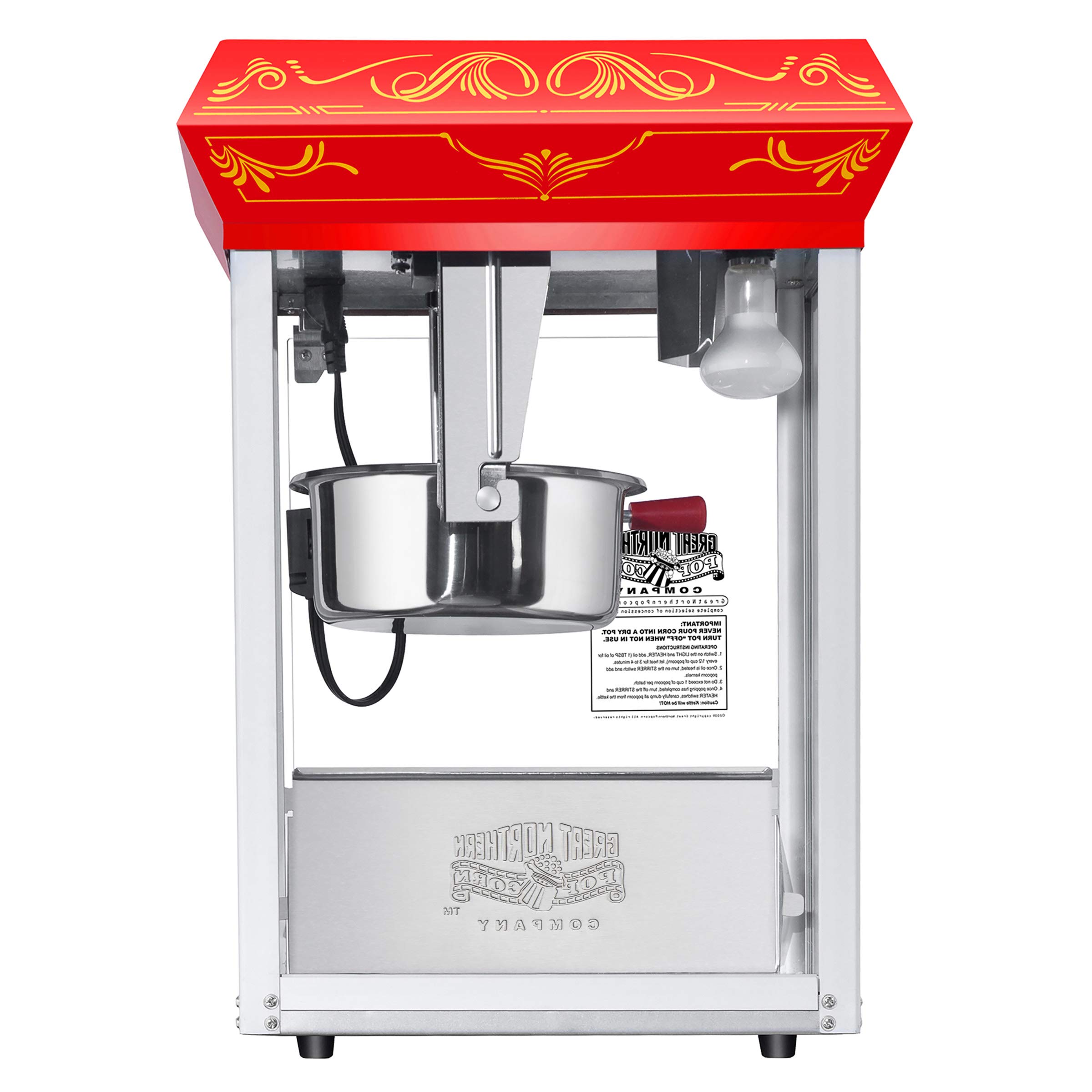 Great Northern Popcorn 3-Gallon Commercial Popcorn Machine with Steel Kettle, Warming Tray & Scoop - Red Home Theater Style Popcorn Popper for Movie Nights, Parties & Concession Stands