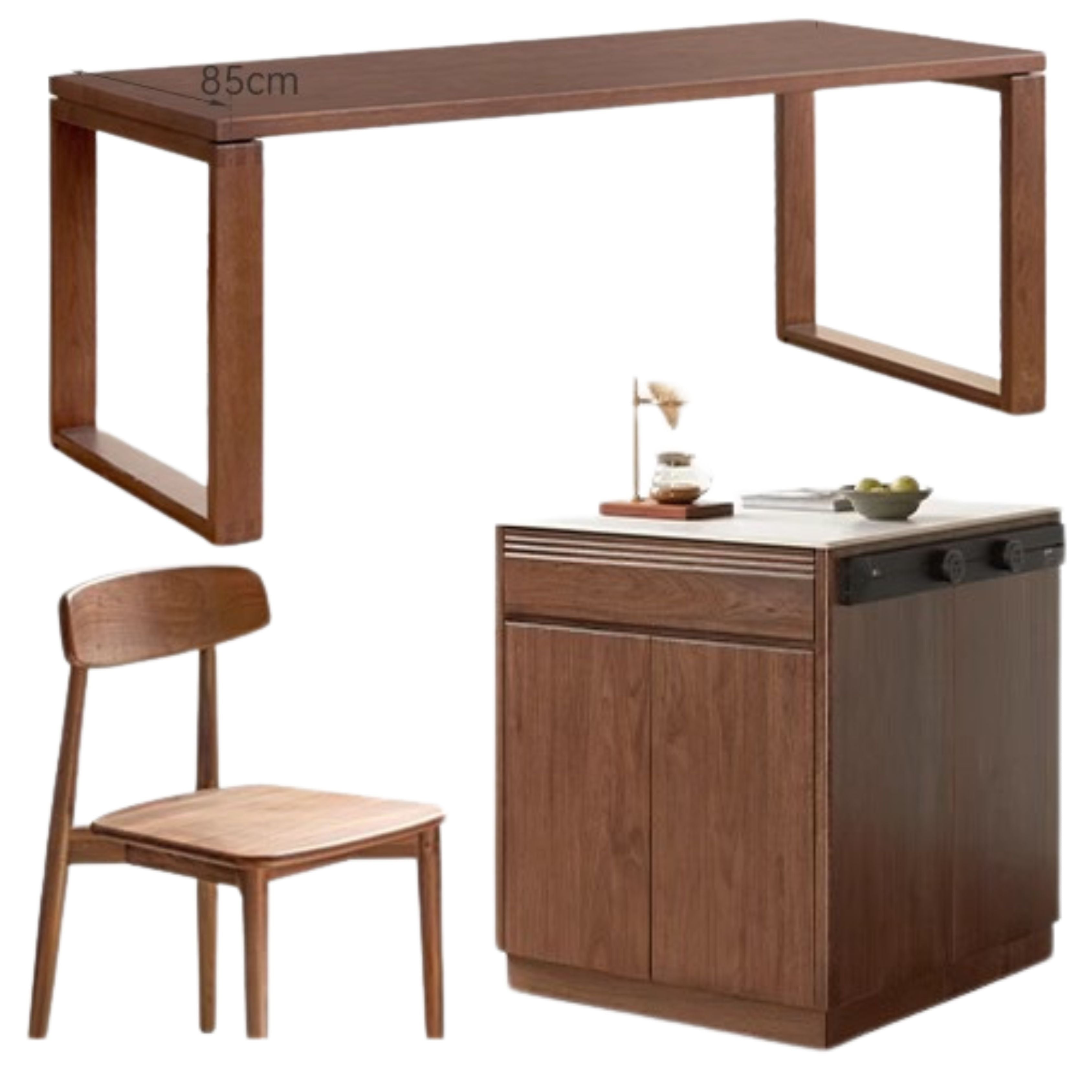 70.9x33.5x29.5nch / 180x85x75сm/ Rich dark walnut color/ dining table + black walnut island ivory white  sideboard + rail + six chairs log color