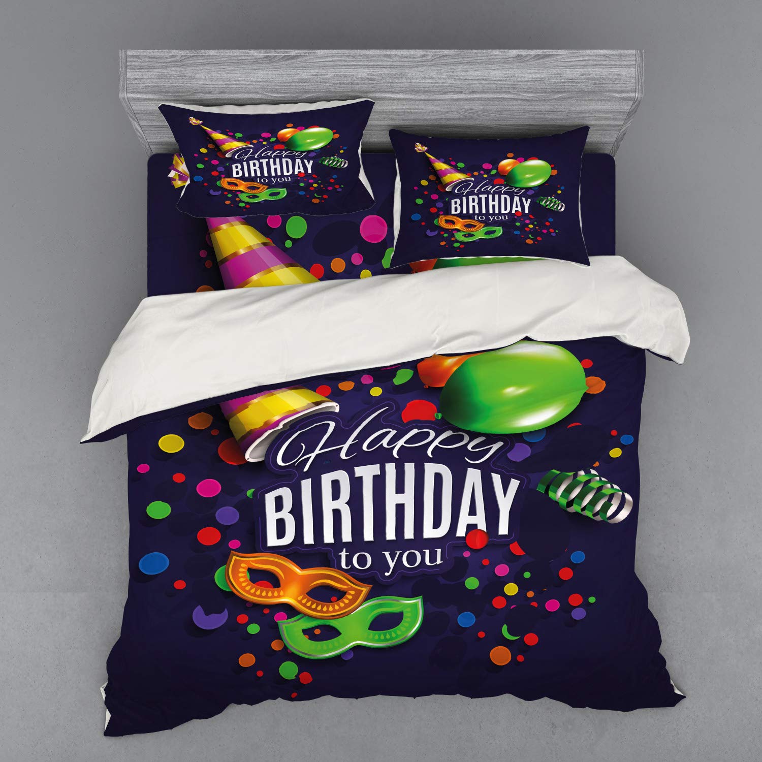 Ambesonne Colorful Balloons & Ribbons Birthday Duvet Cover Set - 4 Piece King Size Bedding with Shams & Fitted Sheet - Carnival Party Theme Bedroom Decor for Kids & Adults Birthday Celebrations