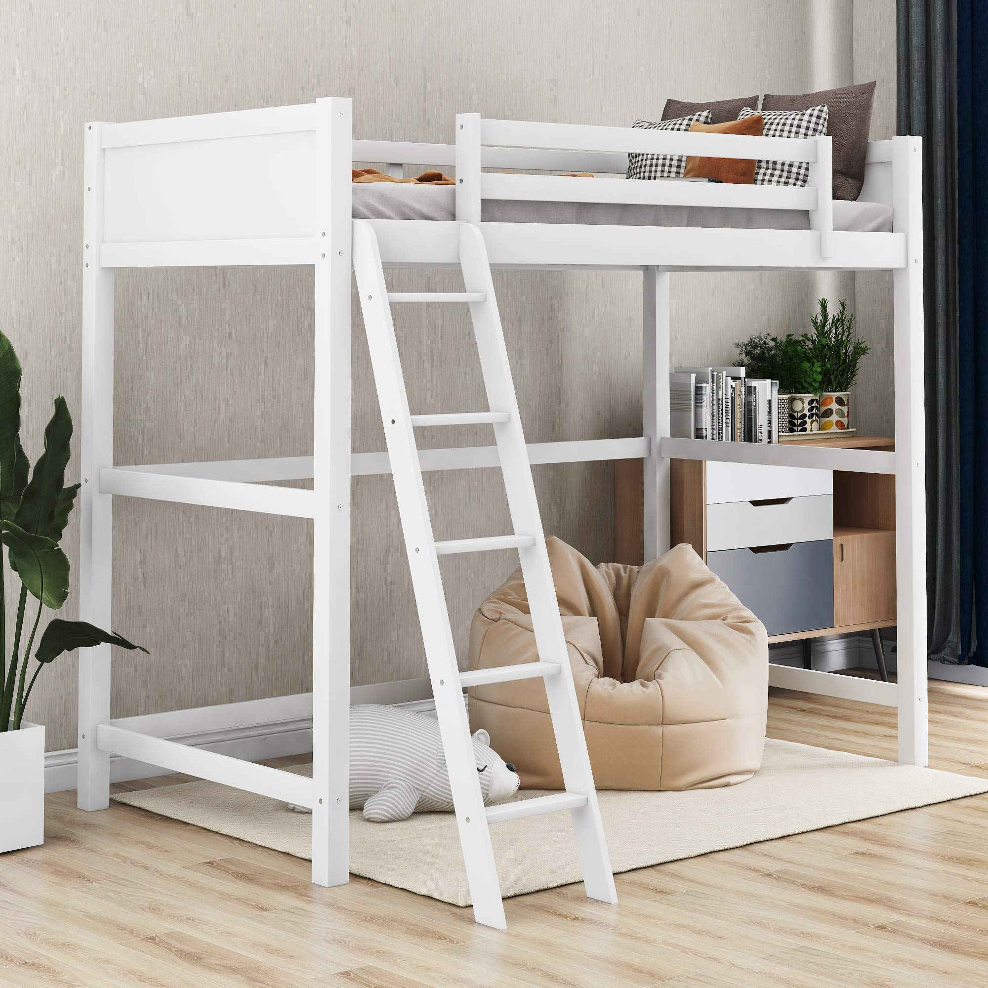 P PURLOVE White Solid Wood Twin Size Loft Bed with Ladder for Kids & Teens - Space-Saving Study & Sleep Solution for Small Bedrooms