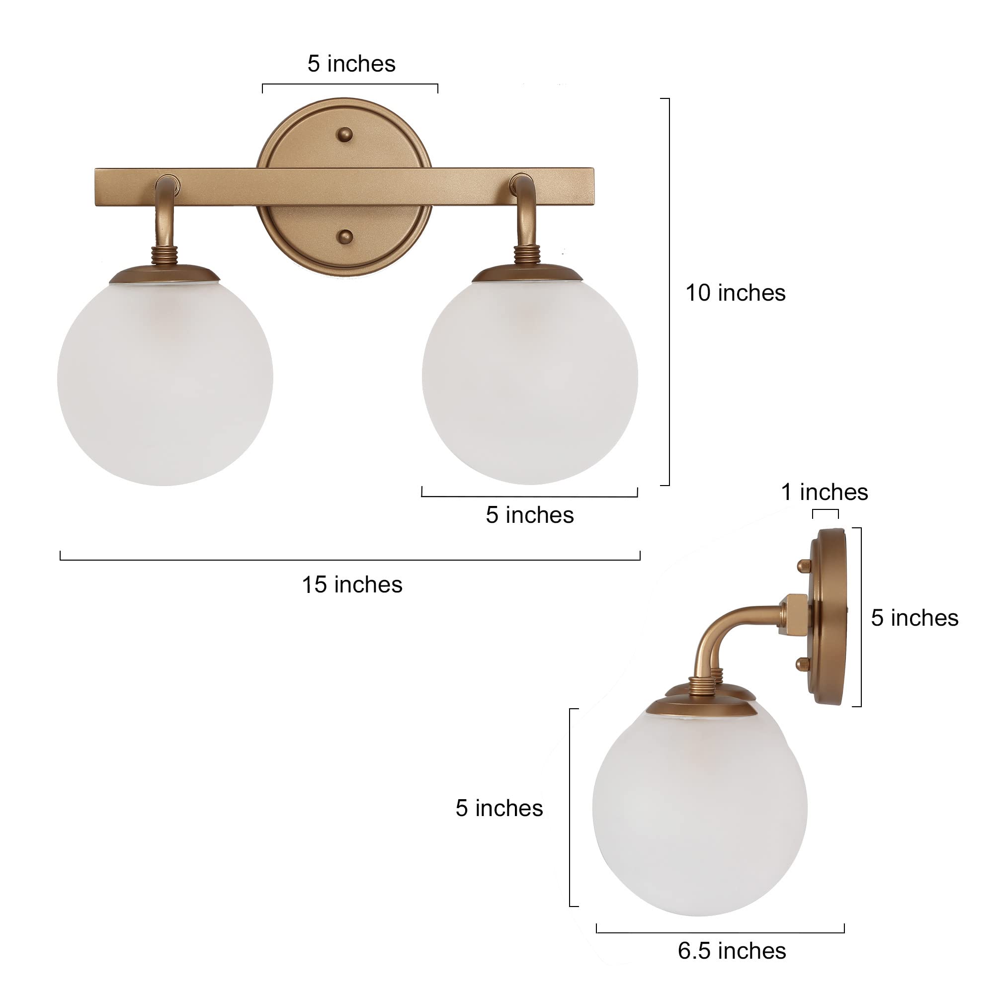 Durent Gold Modern Bathroom Vanity Light Fixture - 2 Light Over Mirror with Frosted Glass Shades for Bathroom, Powder Room & Dressing Area Lighting