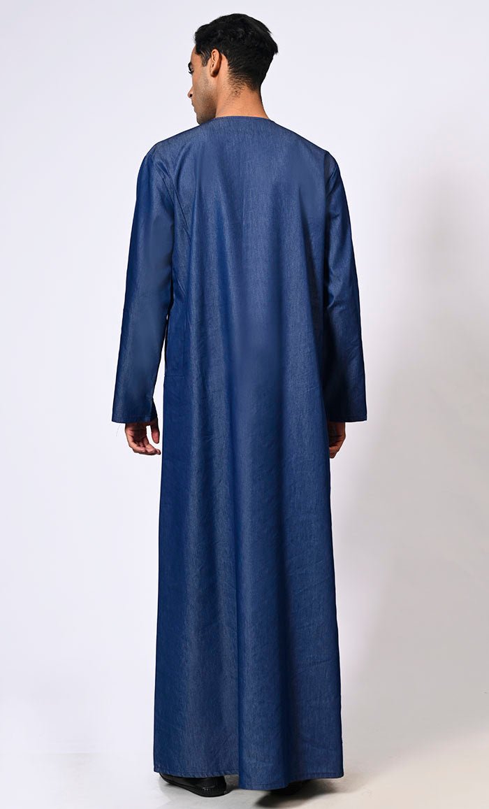 Men's Blue Denim Thobe with Show Buttons & Pockets - Stylish Islamic Robe for Daily Wear & Special Occasions