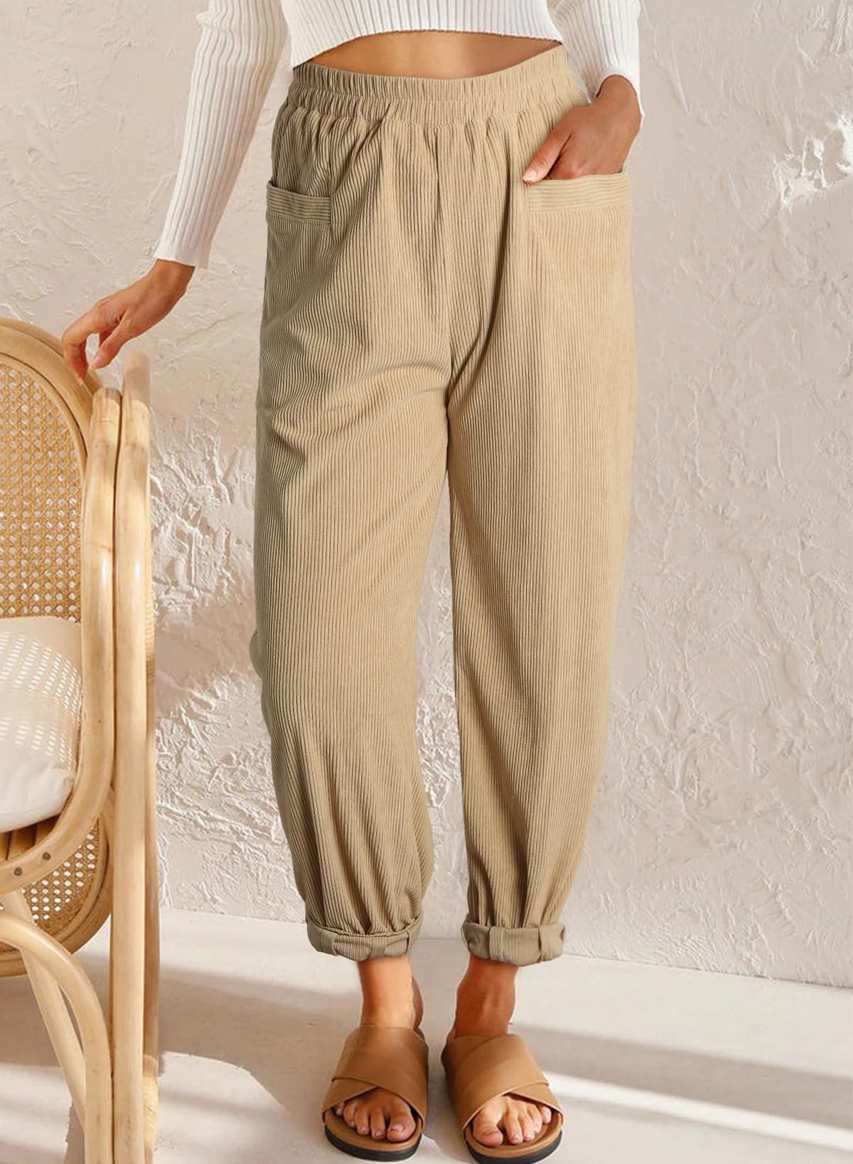 EVALESS Women's High Waist Corduroy Pants - Stretch Elastic Waistband, Tapered Leg, Pull-On Ankle Work Pants - Comfortable Fall Trousers for Office, Casual Wear & Autumn Outfits 2023