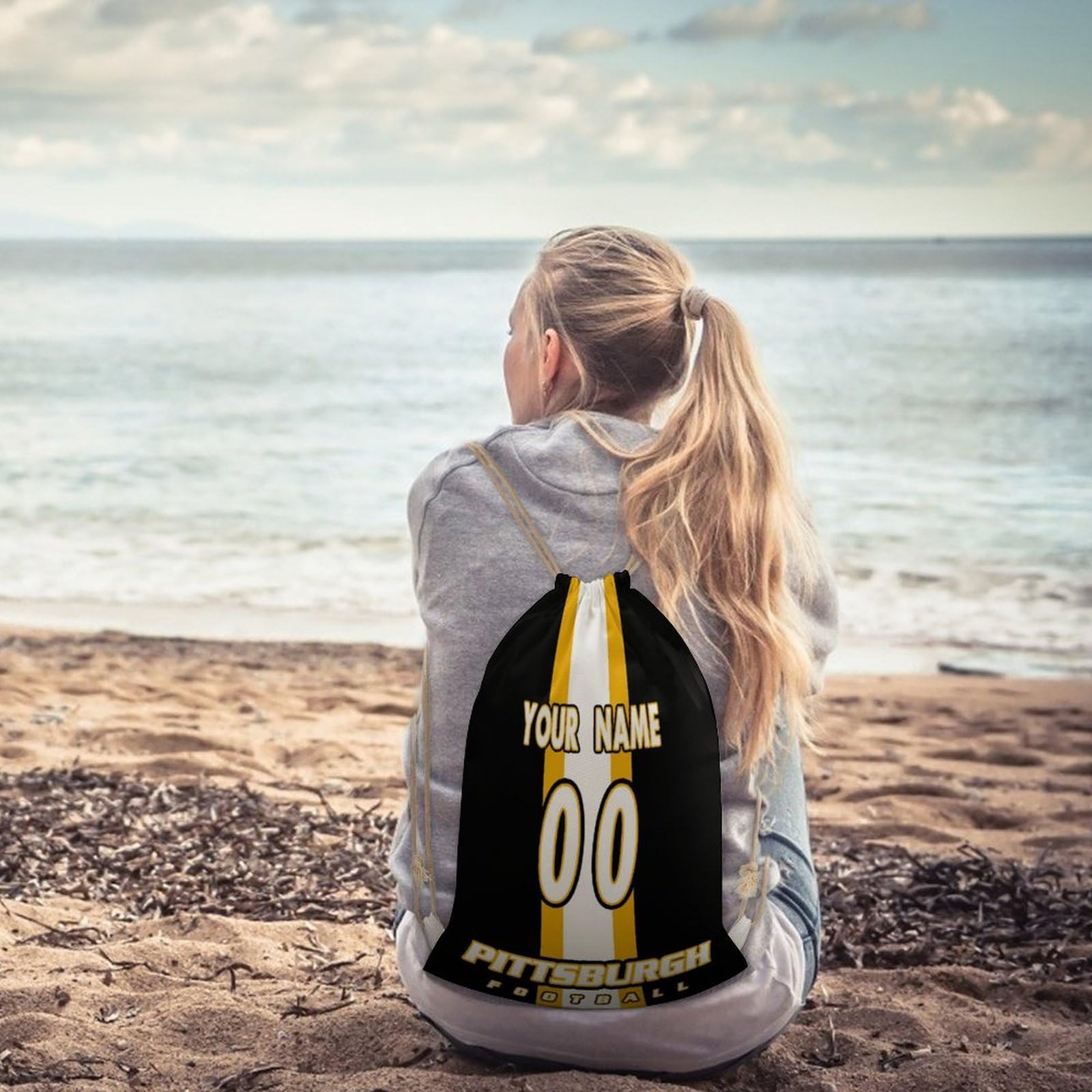 Custom Football Drawstring Backpack - Personalized Name & Number Sports Gym Bag for Men & Women (11.8