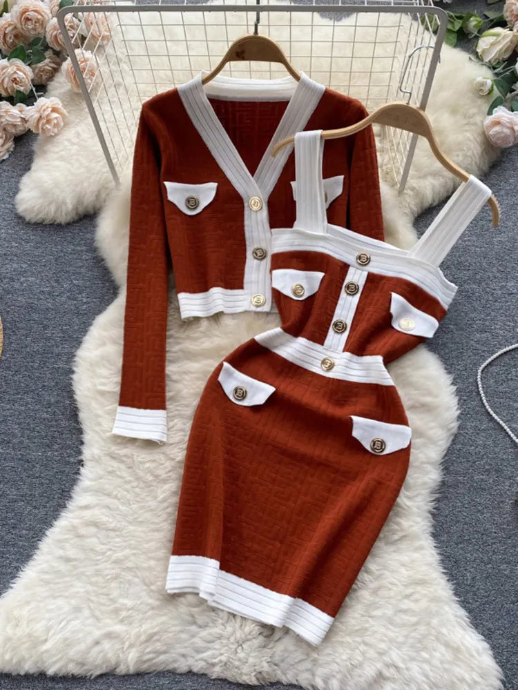 Women's Autumn Knitwear Suits - Cozy Knitted Cardigan Coat & Suspender Knit Dress 2-Piece Set | Streetwear Outfit for Fall Fashion, Date Nights & Casual Wear