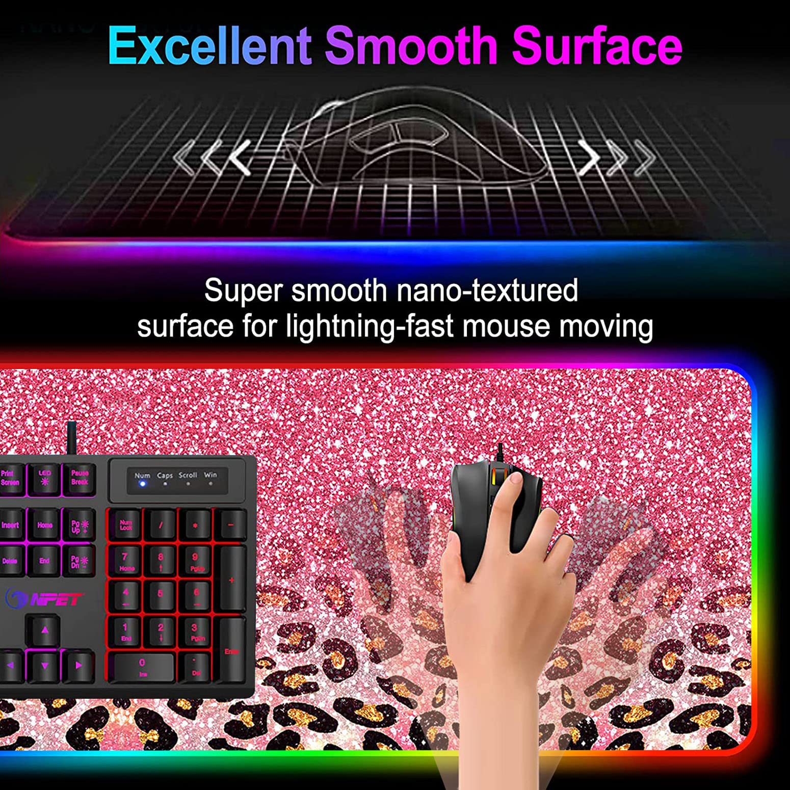 RGB Gaming Mouse Pad with LED Lights - Large Non-Slip Waterproof Desk Mat for Keyboard & Mouse - Pink Glitter Leopard Design - Perfect for PC Gaming, Office Work & Streaming Setup