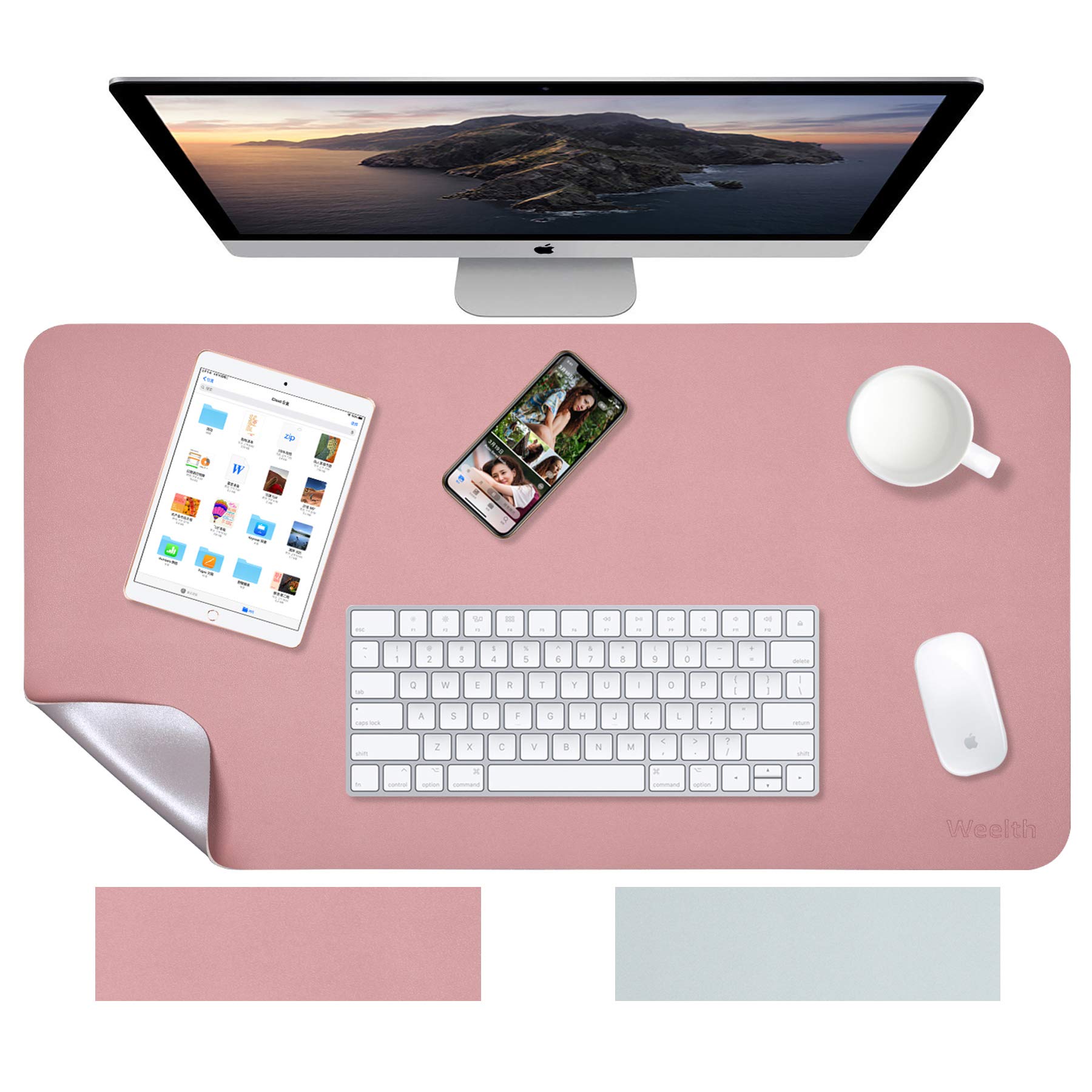 Premium PU Leather Desk Pad - Waterproof Office & Home Writing Mat, Dual-Sided Non-Slip Desk Protector (Pink/Silver, 23.6