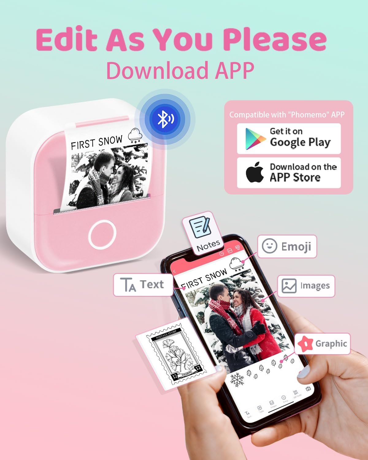 Wireless Mini Sticker Printer Machine - Portable Pocket Sticker Maker for iPhone & Android, T02 Thermal Label Printer with 3 Rolls Paper for Journaling, Memos, Receipts & DIY Crafts | Perfect for Scrapbooking, Planner Decoration & Small Business Labeling